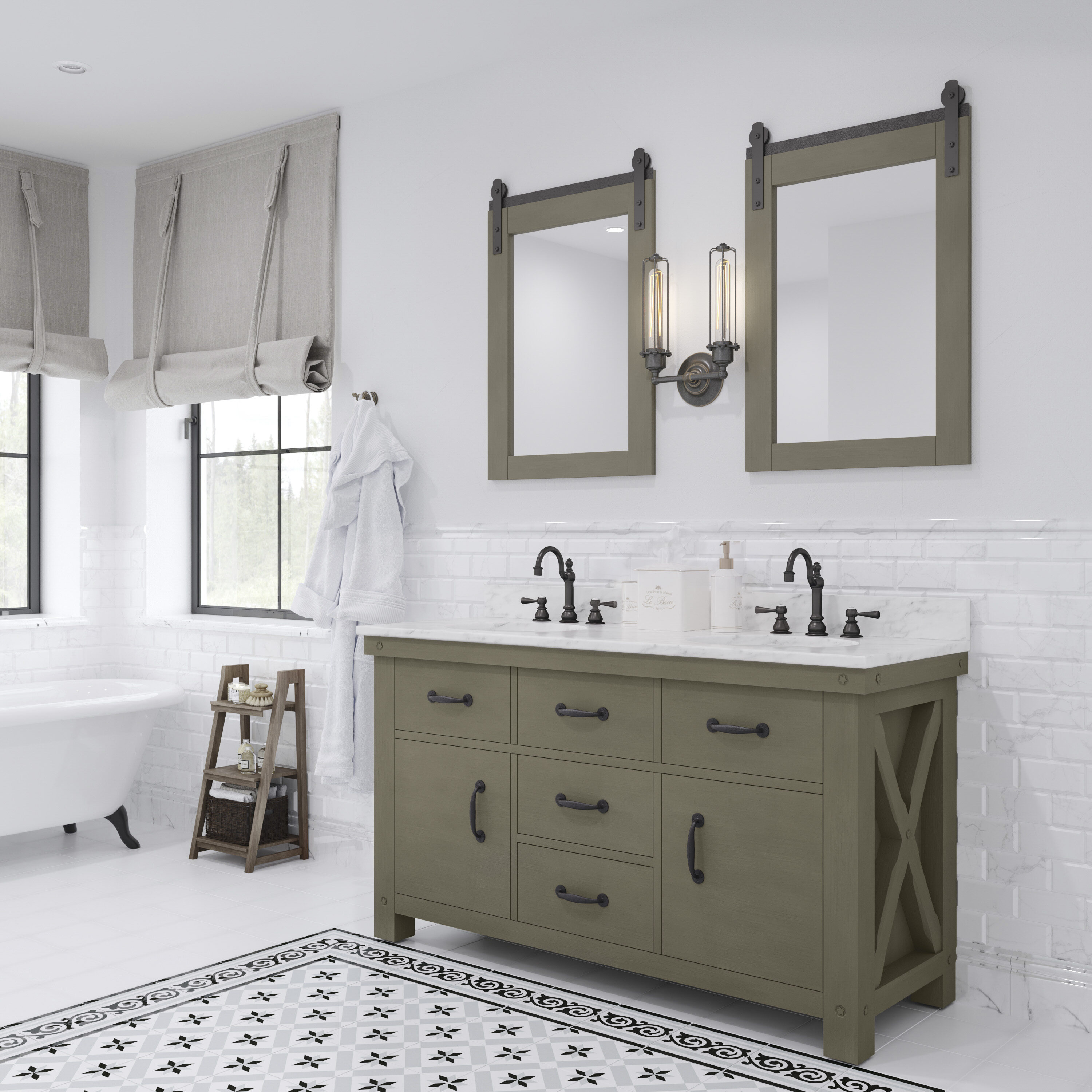 Water Creation AB60CW03GG-P24000000 Aberdeen 60-in Grizzle Grey Undermount Double sink Bathroom Vanity with White Natural marble Top (Mirror Included)