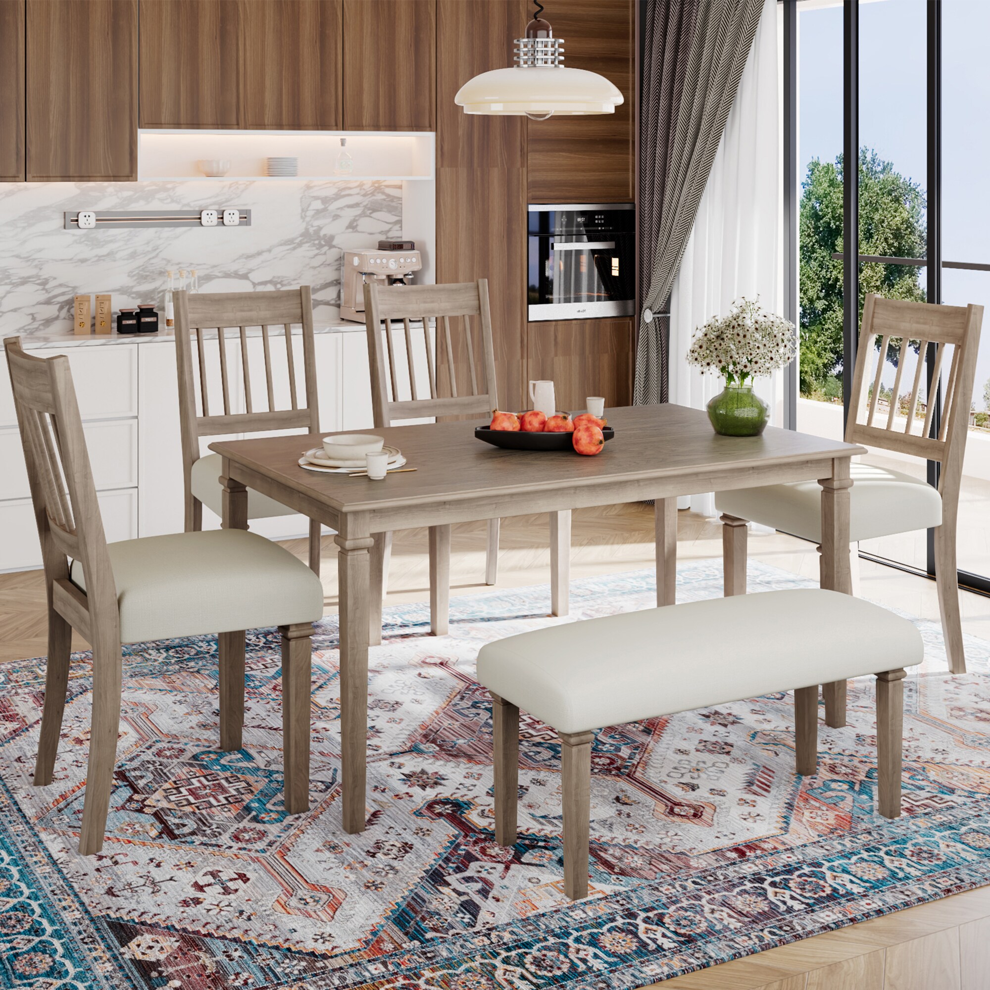 GDFStudio - 6-Piece Retro Dining Room Set Classic Kitchen Furniture Set Wooden Rectangular Table ...