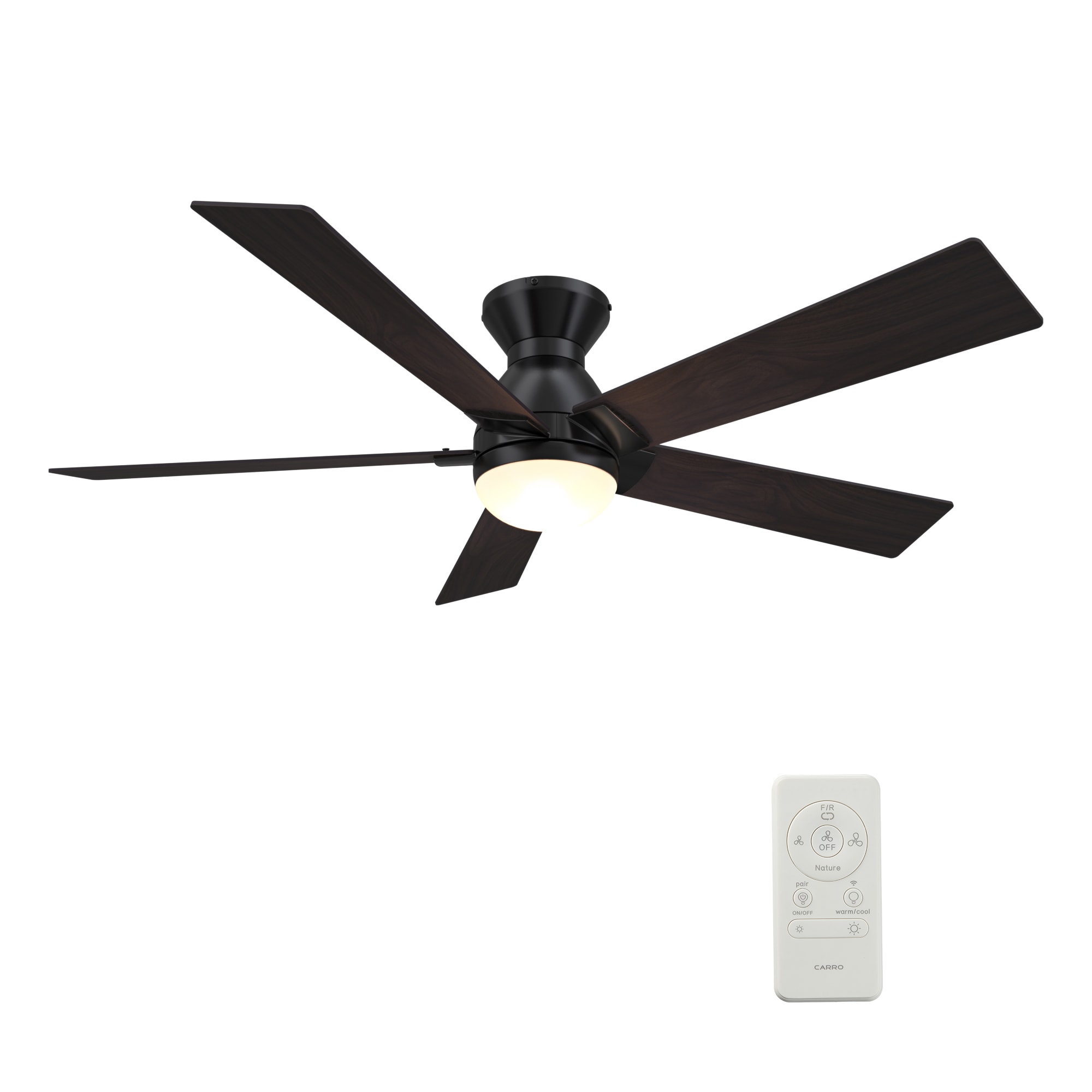 CARRO USA Aspen 52-in Black with Dark Walnut Blades Indoor/Outdoor Flush Mount Smart Ceiling Fan with Light and Remote (5-Blade) LS525J1-L21-B5-1-FM Sansujyuku sansujyuku.com