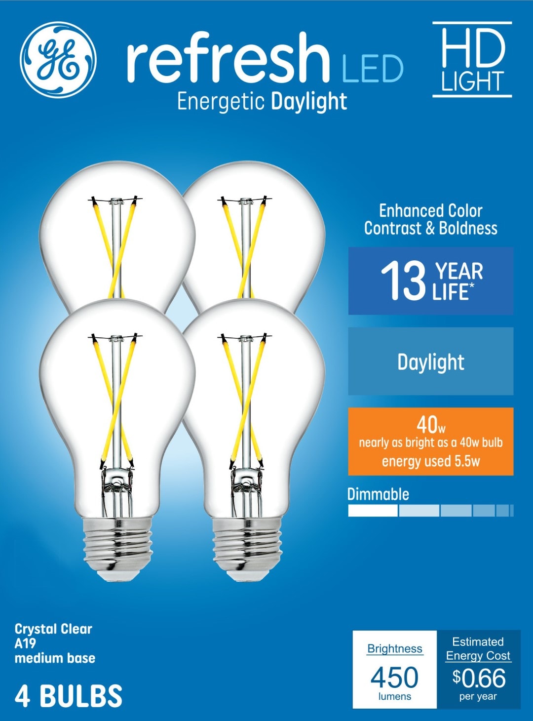 GE 93121728 Refresh HD 40 -Watt EQ A19 Daylight Medium base (E-26) Dimmable LED General purpose Light Bulb 4 -Pack