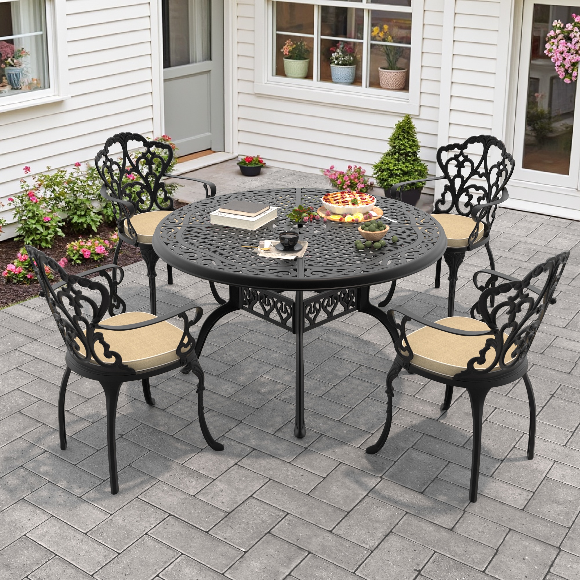 nicesure SLBK6047CZ4A1123RC 5 -Piece Black Patio Dining Set Aluminum Round Table with 4 Cushions Stationary Chairs