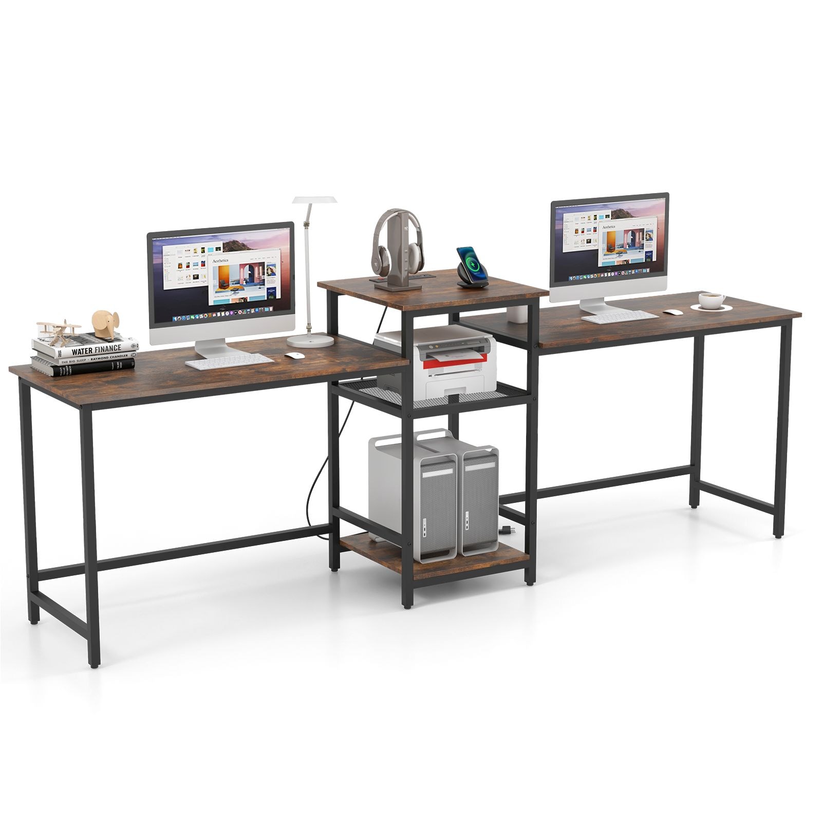 Slickblue Modern 2-Person Computer Desk with Power Station and Printer Stand for Home Office Study Room- Rustic Brown and Black- 97 inch W