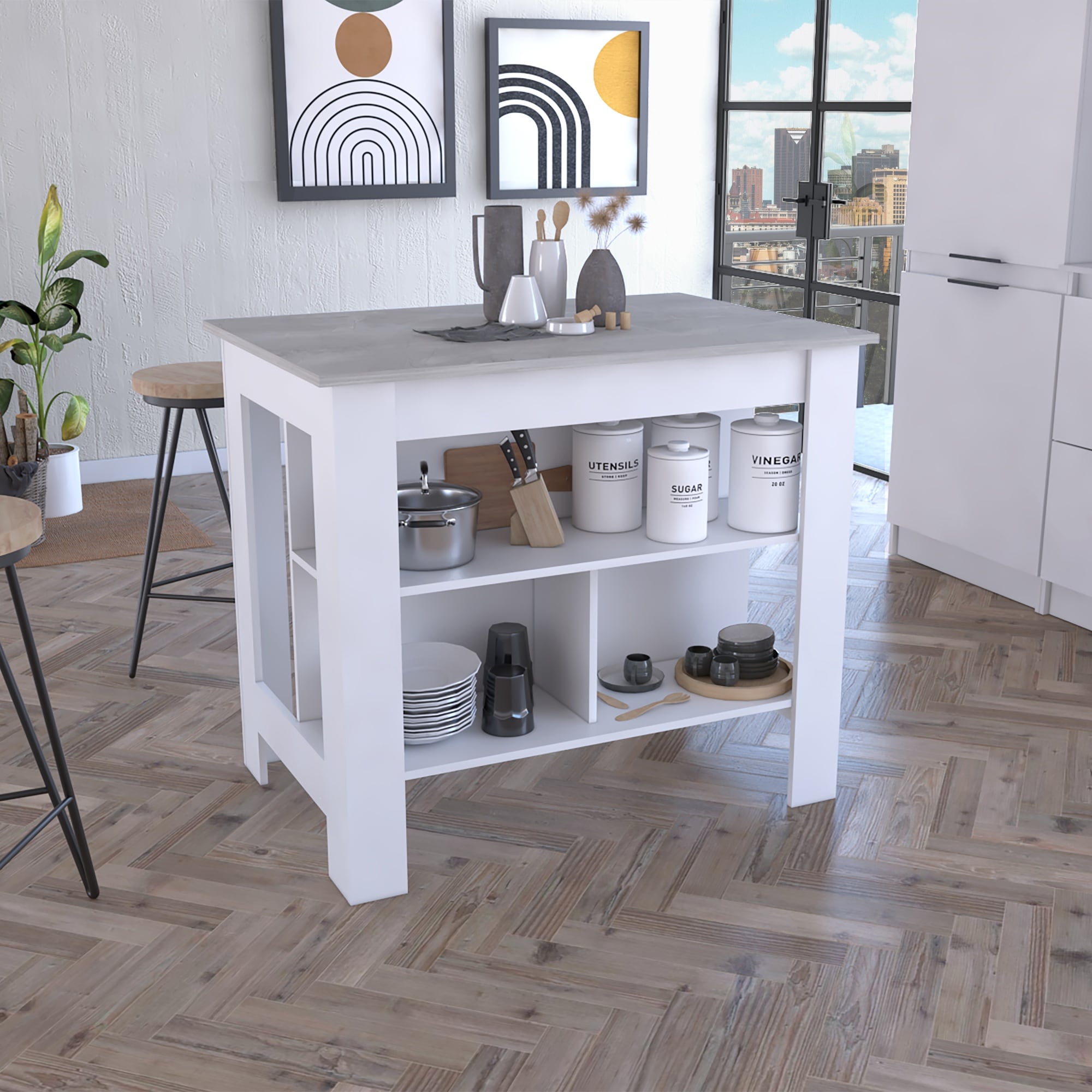 Runesay KI-26 White MDF Base with MDF Kitchen Island ( 27.5-in x 40.5-in x 35.4-in )