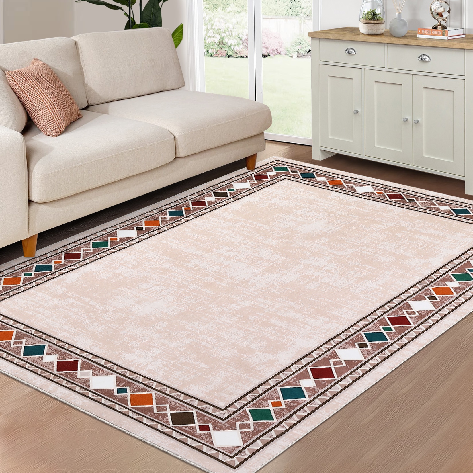 Garvee YXY-LO-PHO-0ZW7TNND 8 x 10 (ft) Beige Rectangular Indoor Border Machine washable Area rug