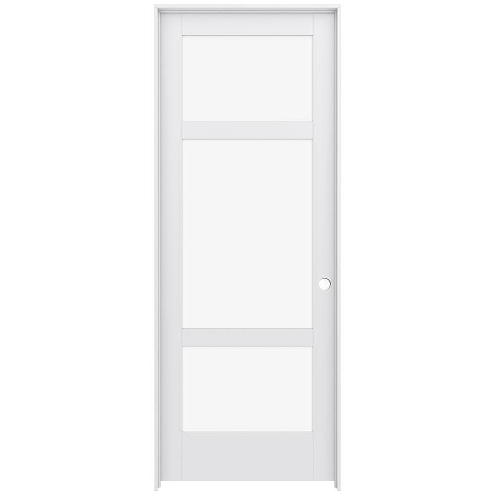 JELD-WEN LOWOLJW221100787 36-in x 96-in Primed Solid core 3-panel square Clear glass Left hand Smooth Primed MDF Flat Jamb Single Prehung Interior Door