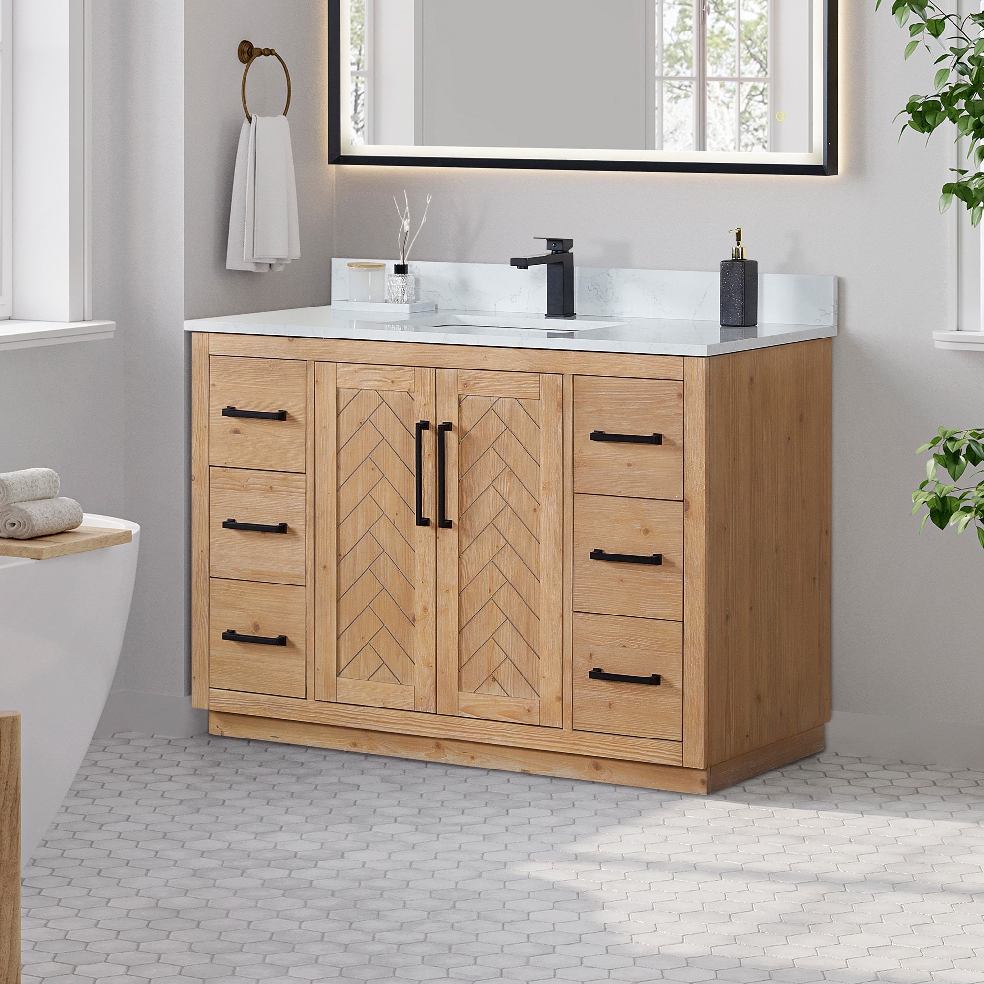 Anais Light Brown Wood Bathroom Vanity with White Stone Countertop, 48 inch