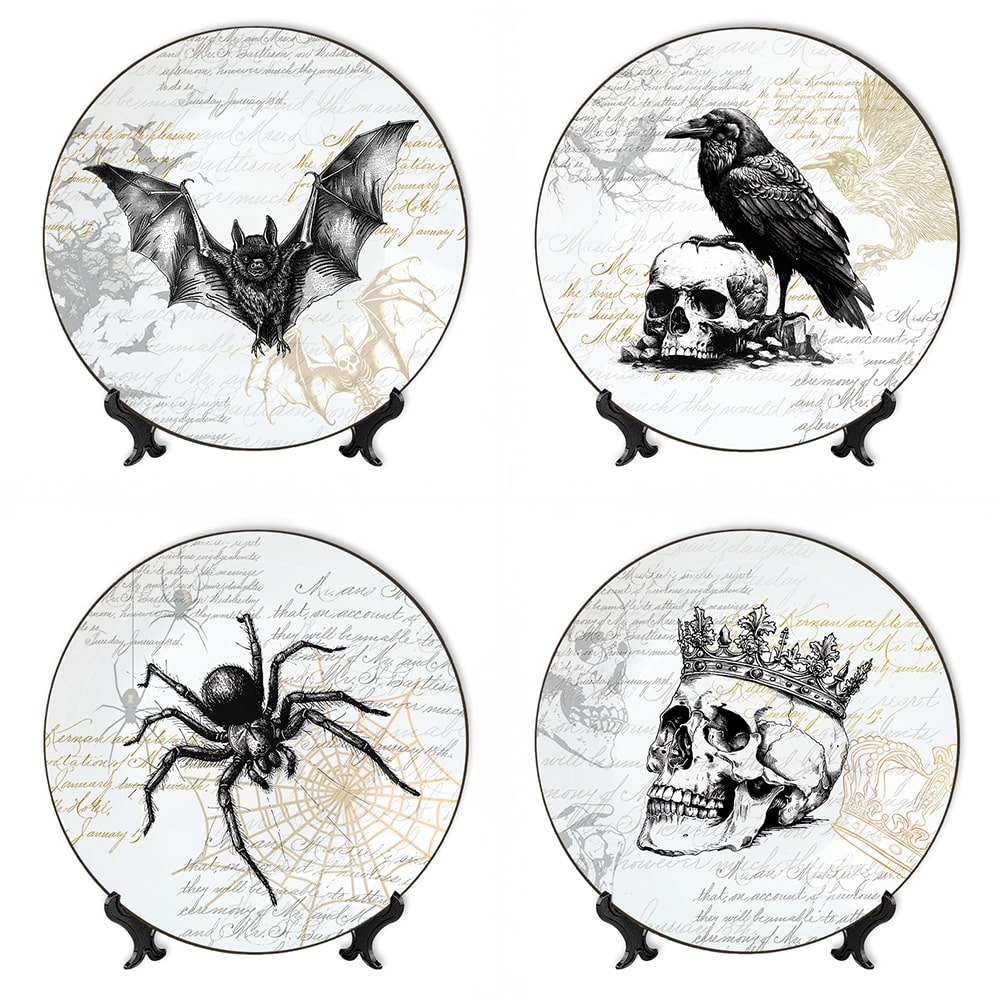 OrnamentallyYou CPLATE-SET-1000 Gothic Elegance Set of 4 Plates with Real Gold Trim Halloween Tableware Collection for Salad Dessert Appetizer and Side Plates