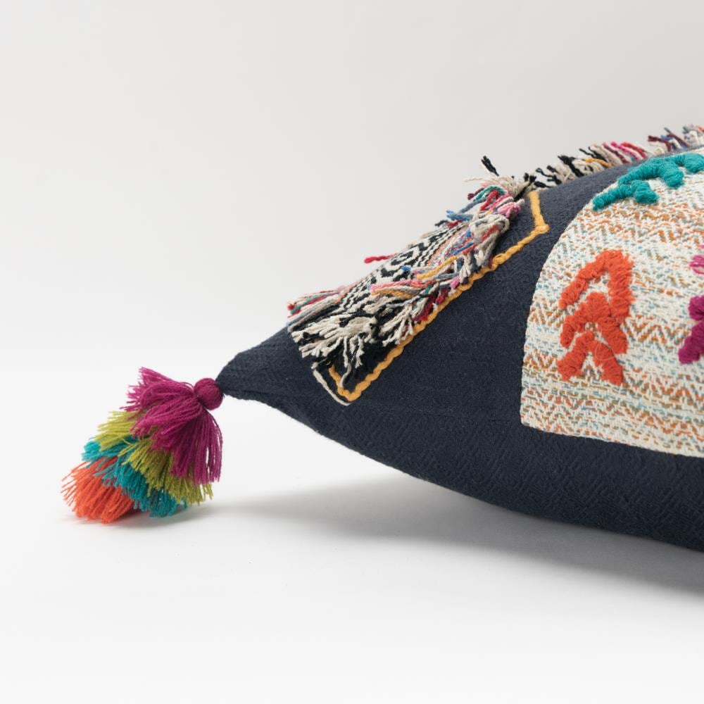 Multi-Color Embroidered Cotton 20'' x 20'' Pillow with Tassels