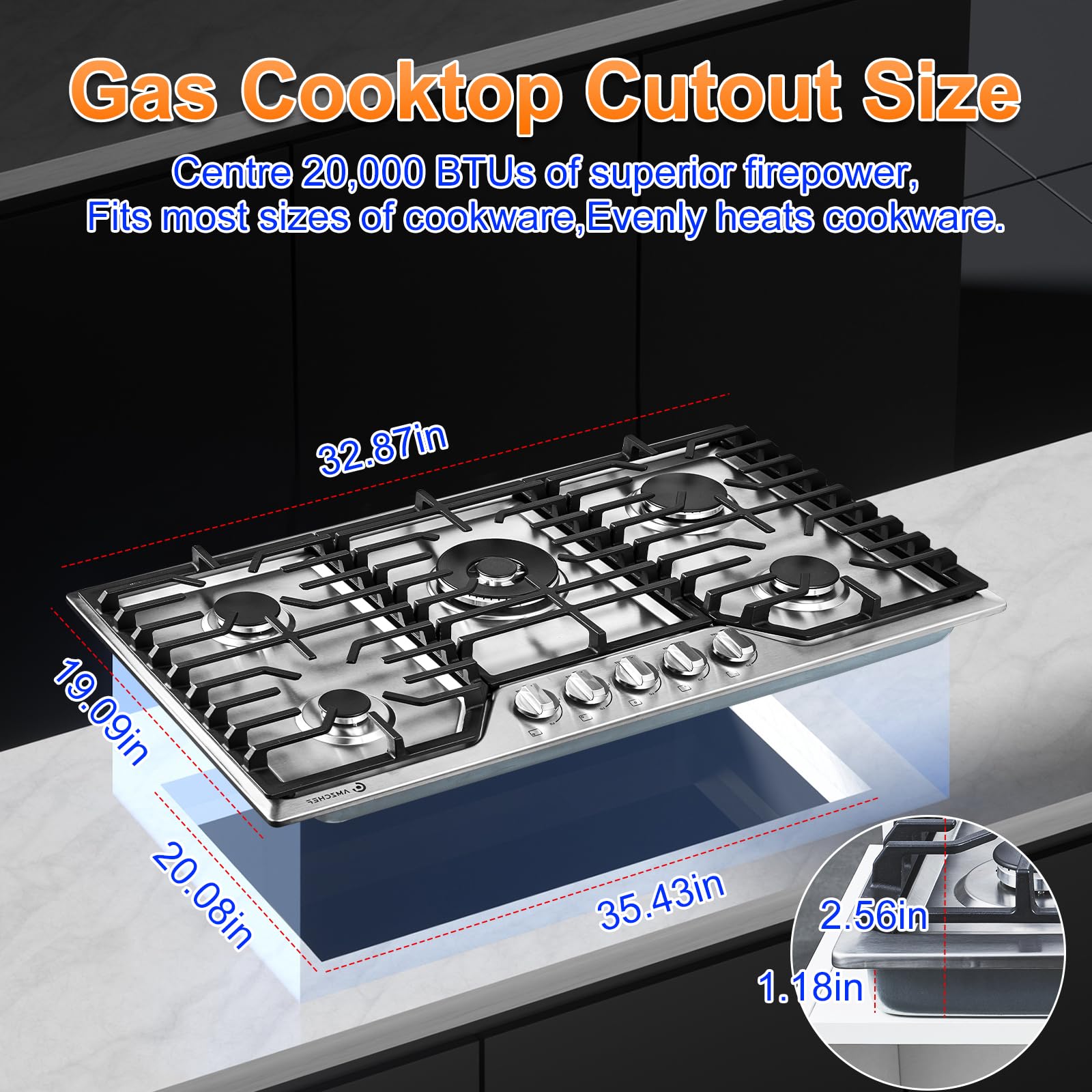 36-Inch Stainless Steel Gas Cooktop with 5 Burners