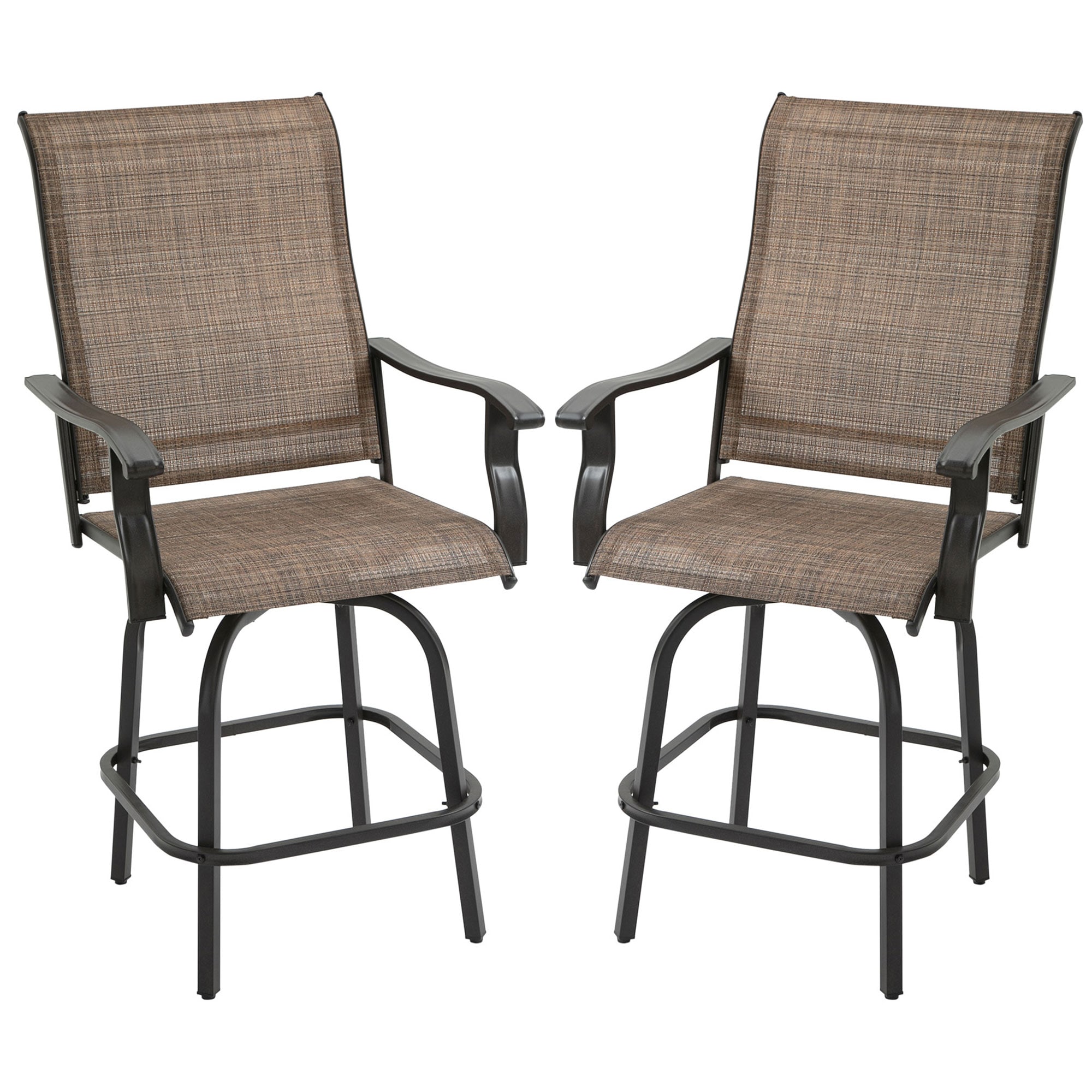 Forclover ASE-080BK Patio Bar Chair Set of 2 Brown Steel Frame Swivel Bar Stool Chair with Brown Solid Seat