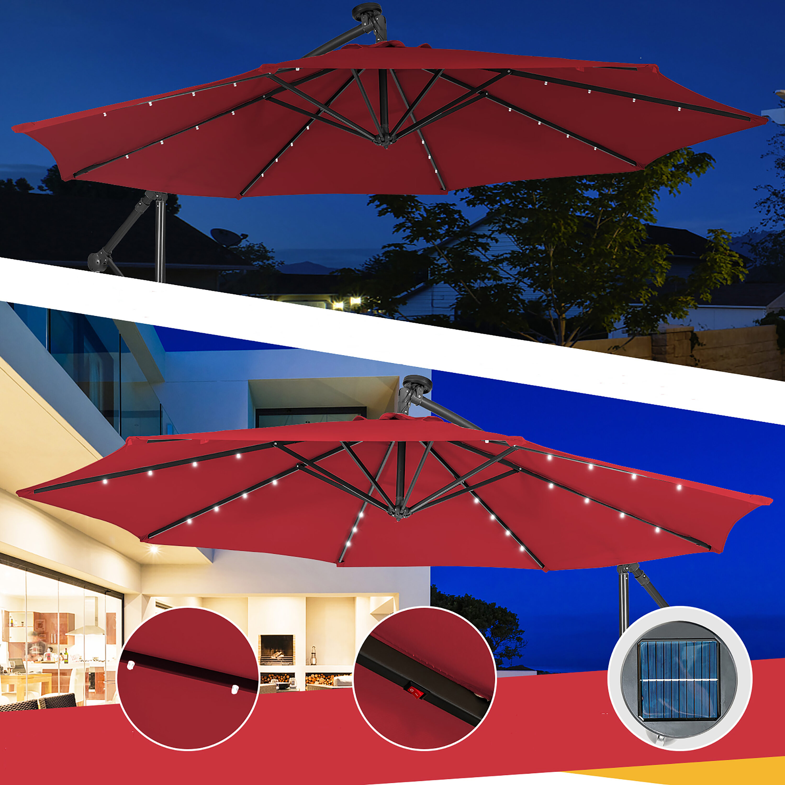 Wine Red 10ft Steel Cantilever Patio Umbrella with LED Lights