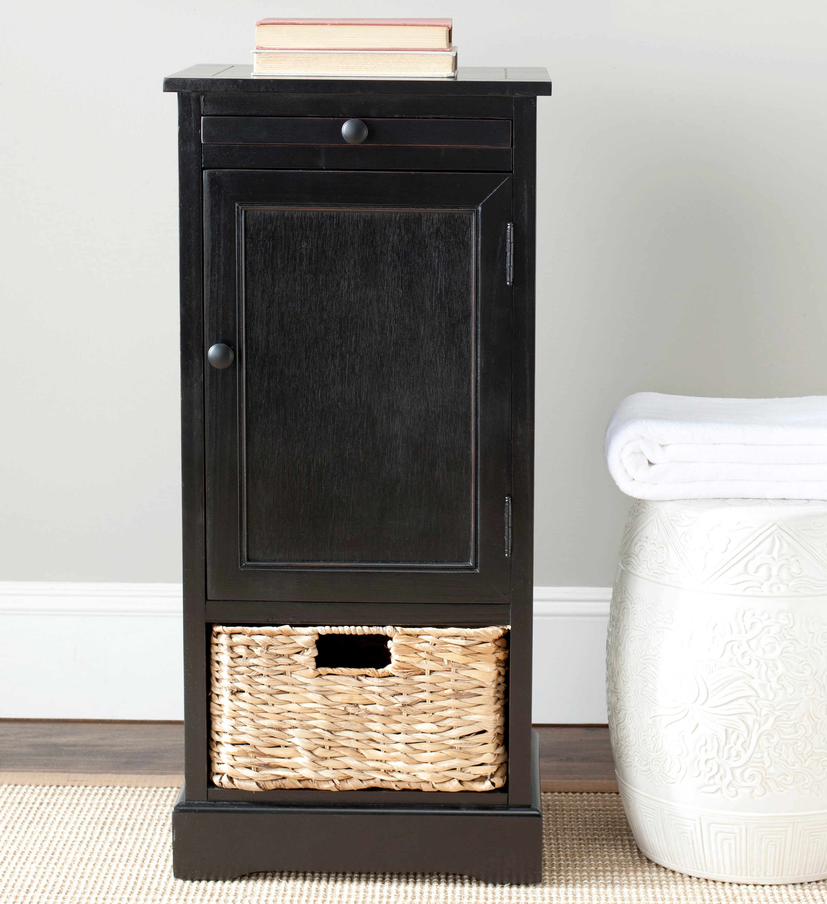 Raven Distressed Black Tall Transitional Storage Unit with Pull-Out Basket