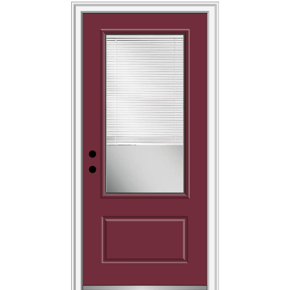 MMI DOOR ZZ07841R 36-in x 80-in x 4-9/16-in Fiberglass 3/4 lite Right-hand inswing Burgundy Painted Prehung Front Door with Brickmould Insulating core with Blinds