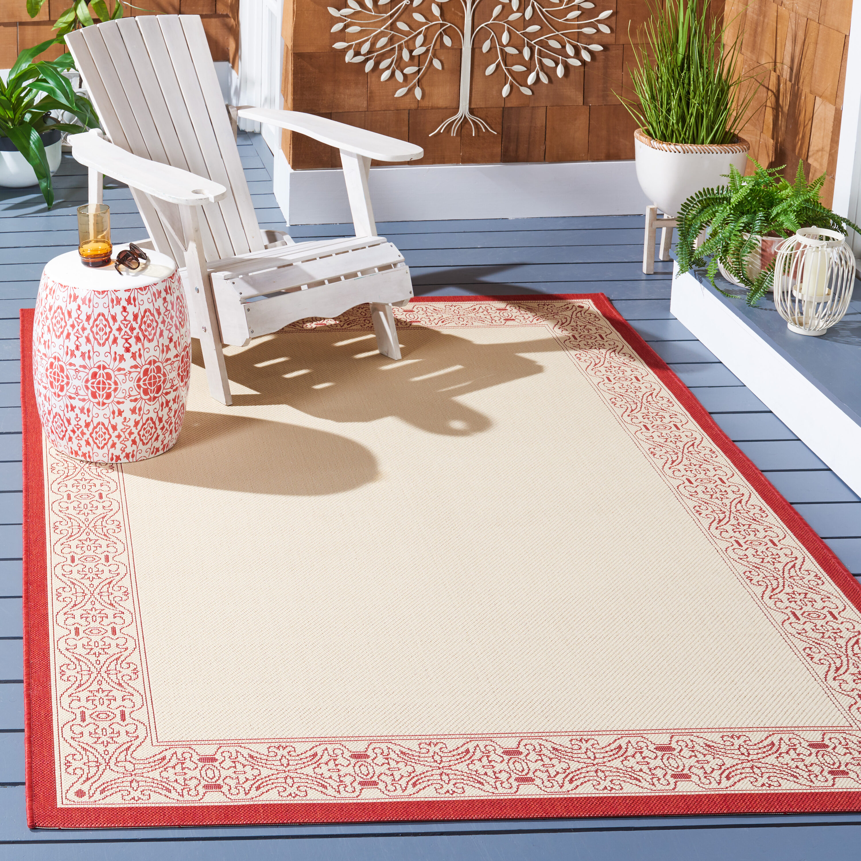 Safavieh Courtyard Gates 7 X 7 Natural/Red Square Indoor/Outdoor Border  Coastal Area Rug in the Rugs department at