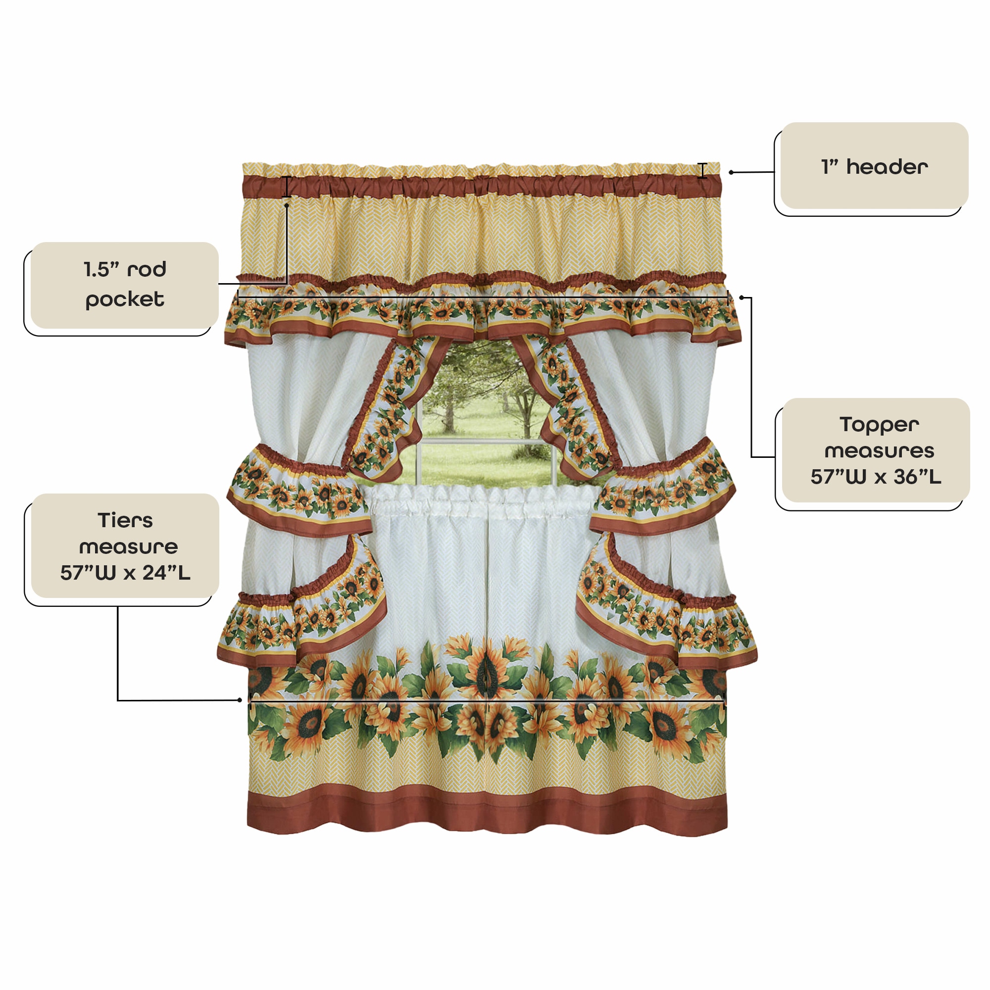 Black and Yellow Floral Polyester Tier Curtains