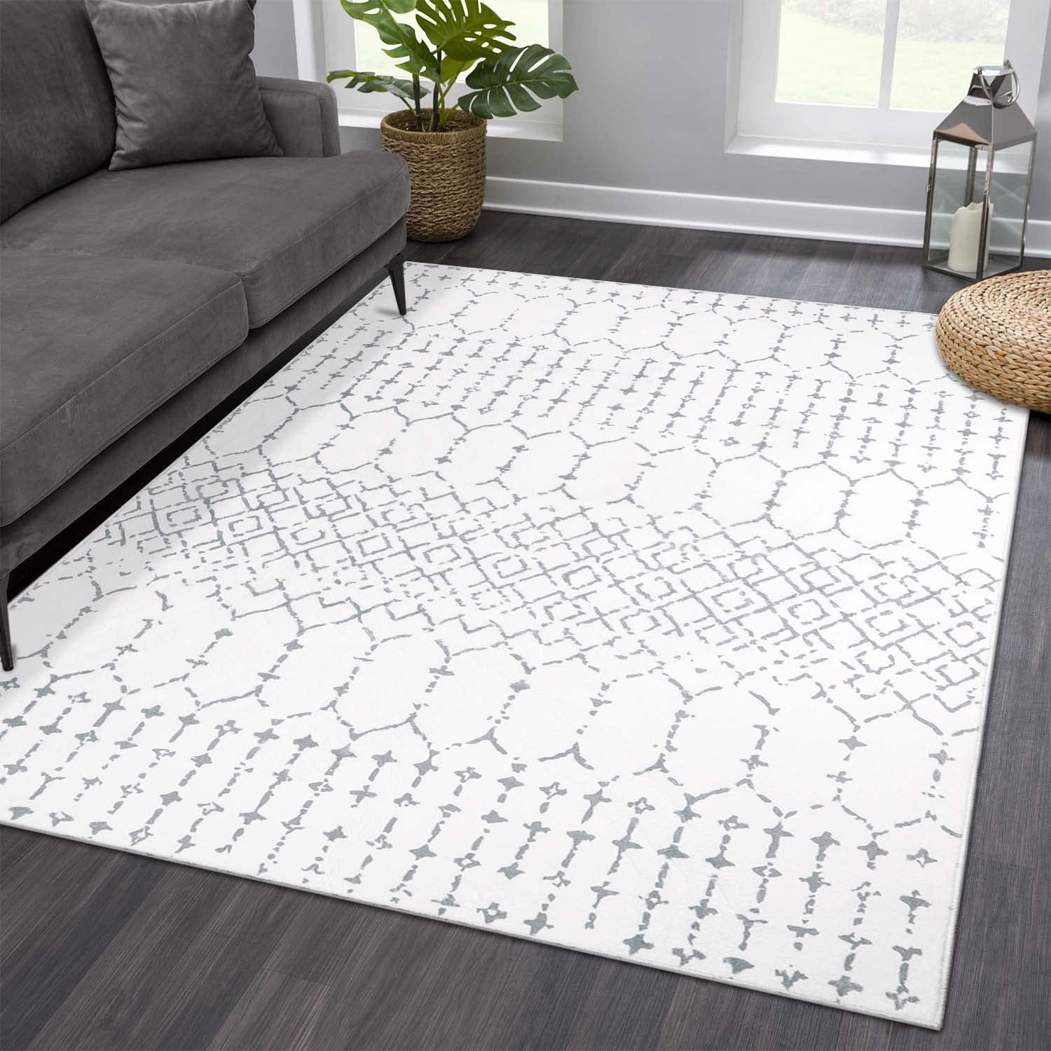 Lahome AR-DYR-061-W1 4 x 6 (ft) White Minimalist Geometric Short Pile Velvet Rectangular Indoor Area Rug