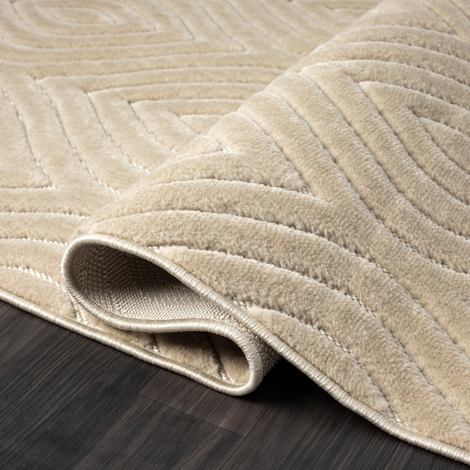 Beige Rectangular 5' x 7' Synthetic Stain-Resistant Area Rug
