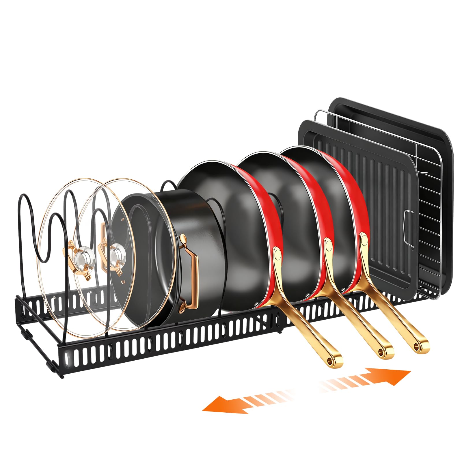 UUDULY  Expandable Pots and Pans Organizer for Under Cabinet Adjustable Kitchen Rack with 13 Compartments Heavy Duty Stainless Steel Non Slip
