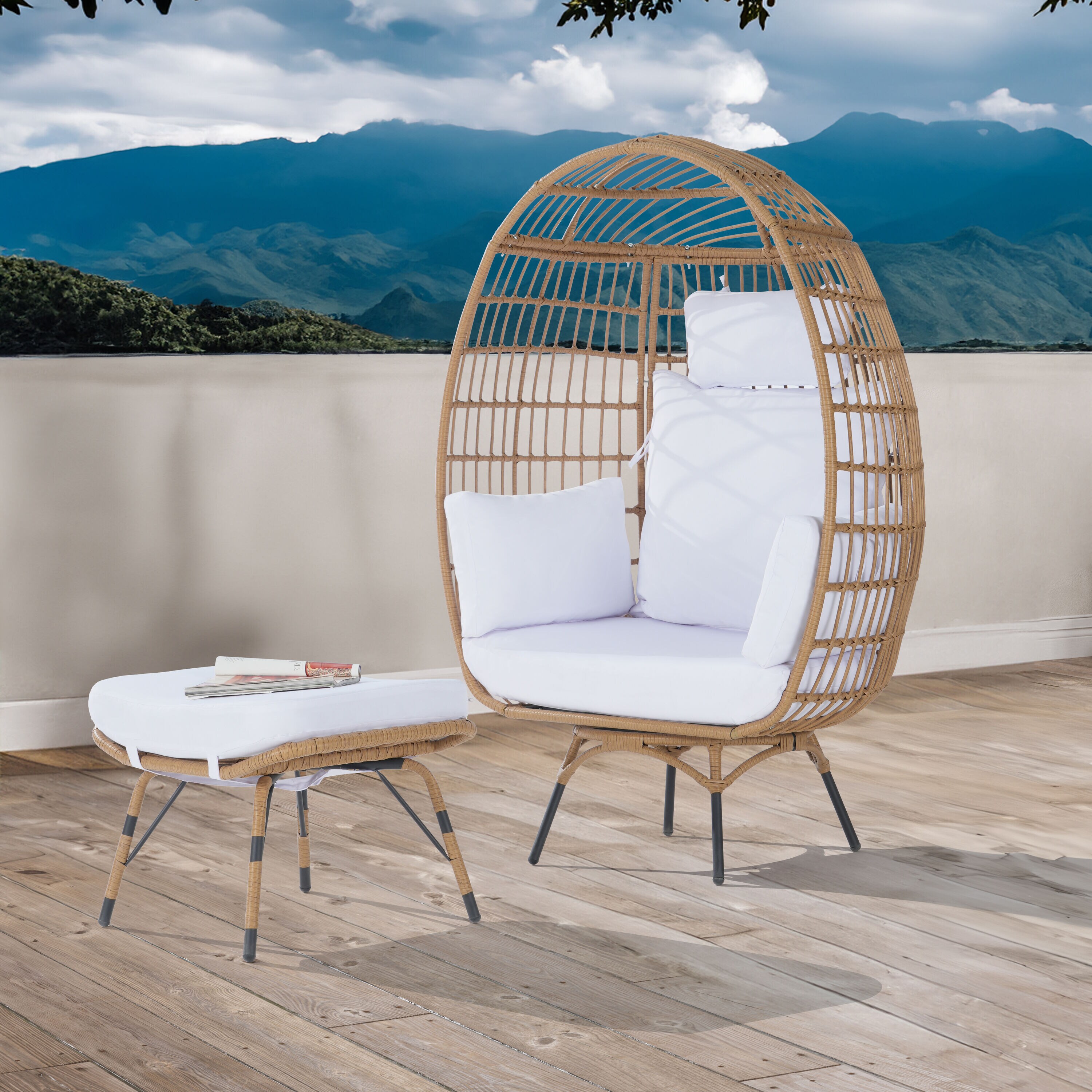 SANSTAR L-RJDC62WT-AD 2 -Piece Wicker Patio Conversation Set with White Cushions