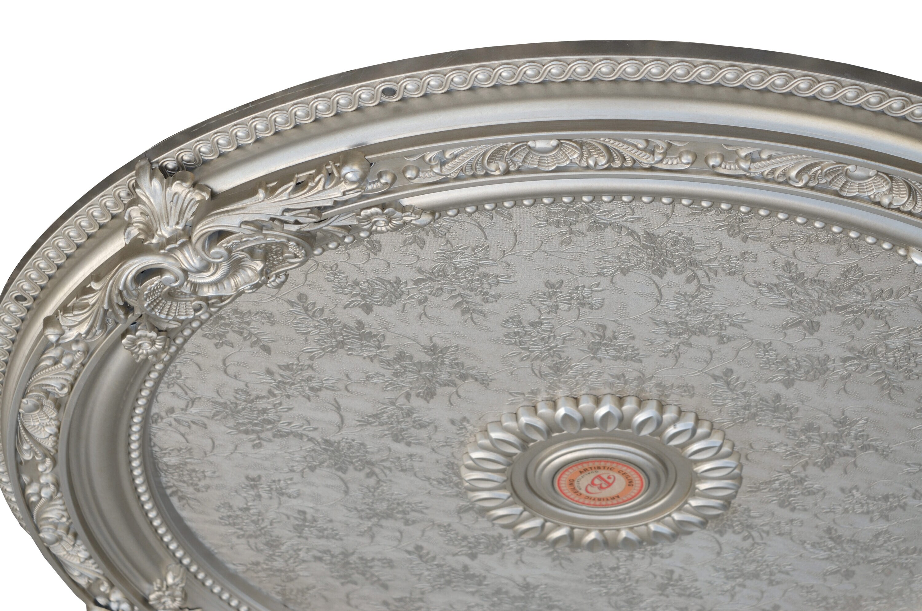 Antique Silver Round Chandelier Ceiling Medallion with Floral Design, 36 Inches