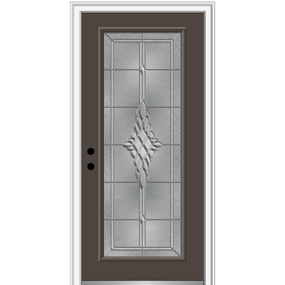 MMI DOOR ZZ3667155R 32-in x 80-in x 4-9/16-in Fiberglass Full lite Right-hand inswing Brown Painted Prehung Front Door with Brickmould Insulating core