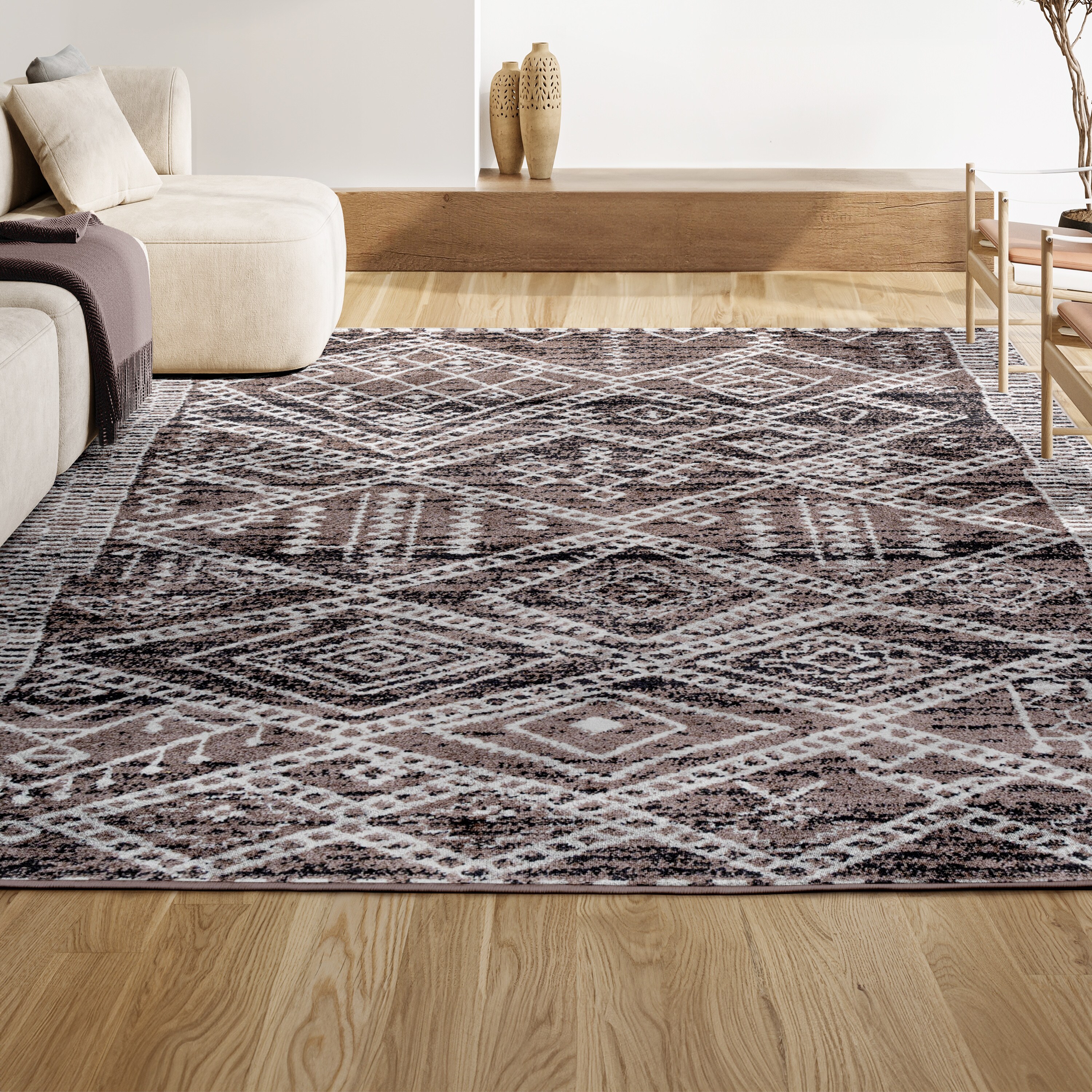 Ivory and Brown Moroccan-Inspired Easy-Care Area Rug