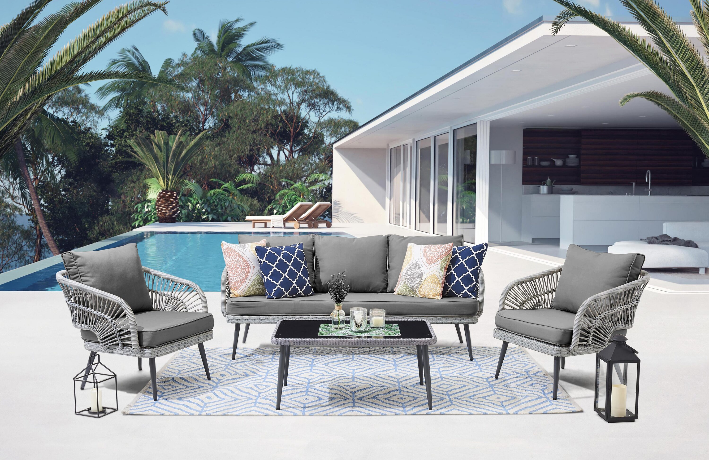 Manhattan Comfort OD-CV015-GY Cannes 4 -Piece Wicker Patio Conversation Set with Gray Cushions