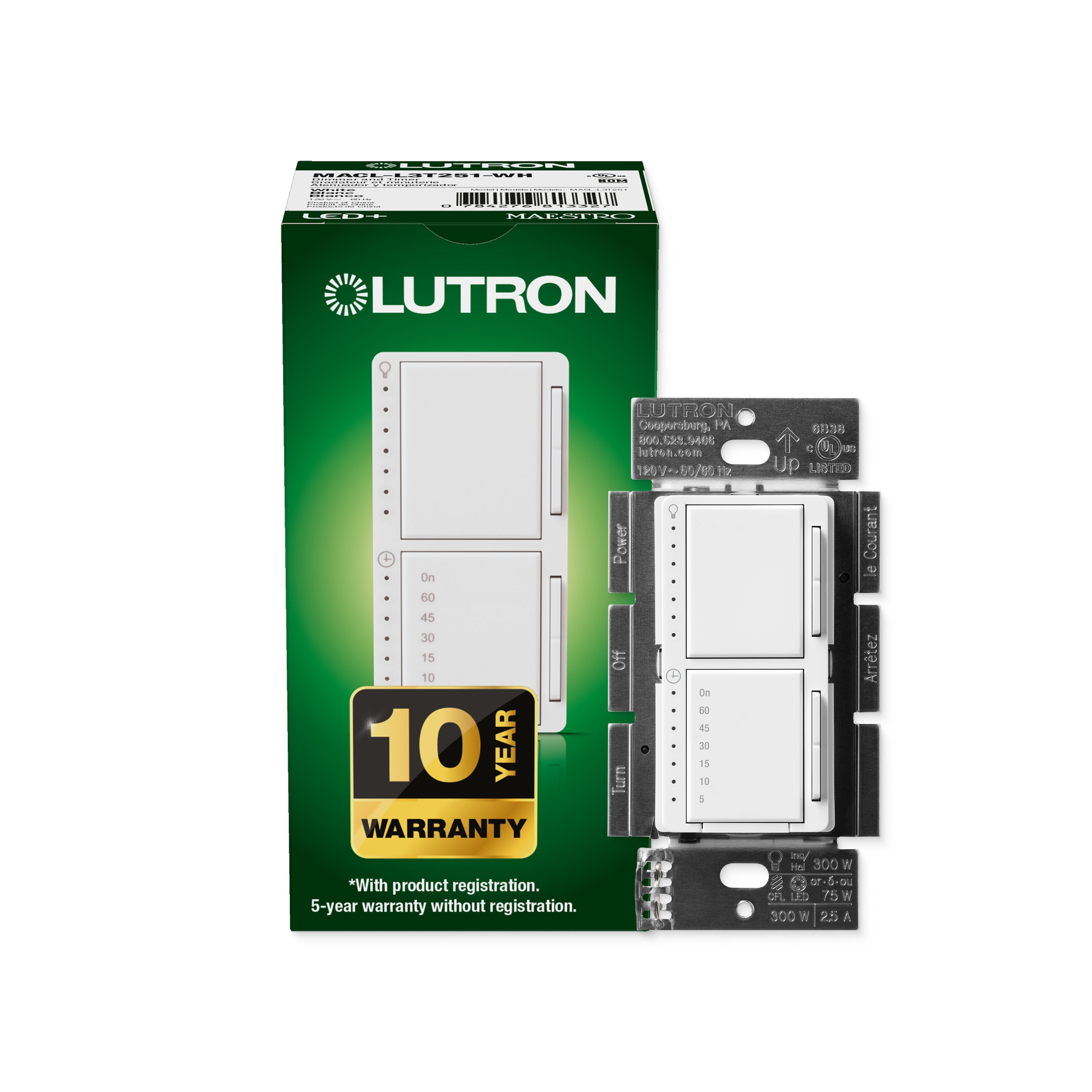 Lutron MACL-L3T251-WH Maestro LED+ Dual Dimmer and Timer Single-pole LED Touch Light dimmer/Timer White