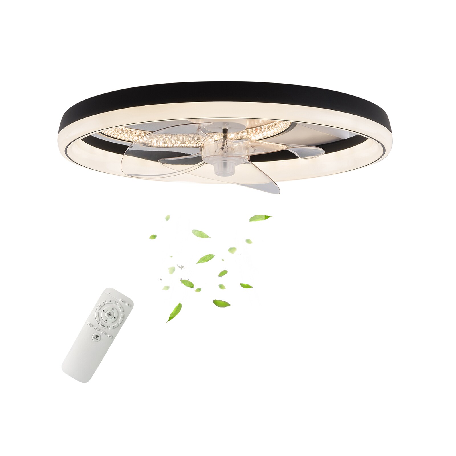 Oukaning JZUCODL299HCX 20-in Color-Changing Integrated LED Flush Mount Geometric Black DC Reverse Dimmable with ABS Blades Fandelier Ceiling Fan With Light - Remote Included ( 3 -Blade )