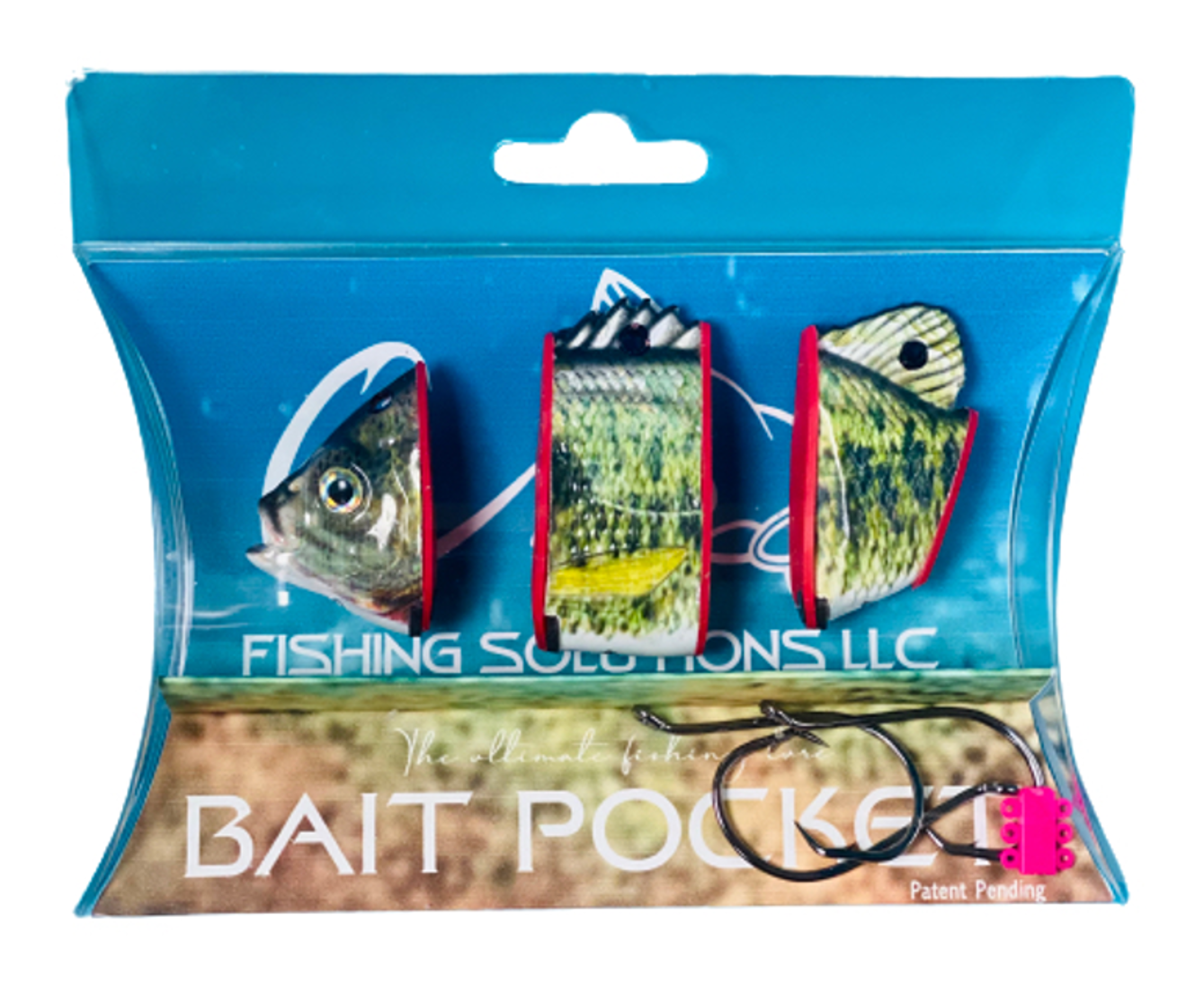 Fishing Solutions A patent-pending lure to hold manufactured bait that  mirrors the aesthetics of baitfish. Includes 3 independent lures  representing a section of baitfish, 3 high-carbon steel 5/0 circle hooks,  and 6