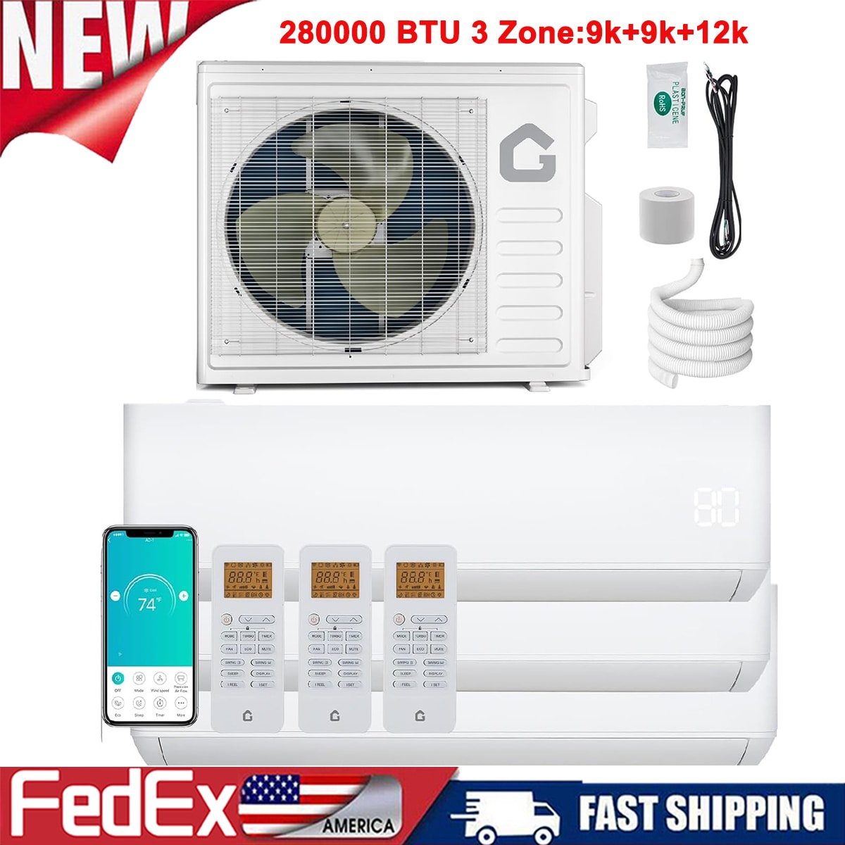 Garvee 28000BTU 3 Zone (9000+9000+12000 BTU) Mini Ductless Split Air Conditioner and Heat Pump w/Pre-Charged Condenser 220V AC