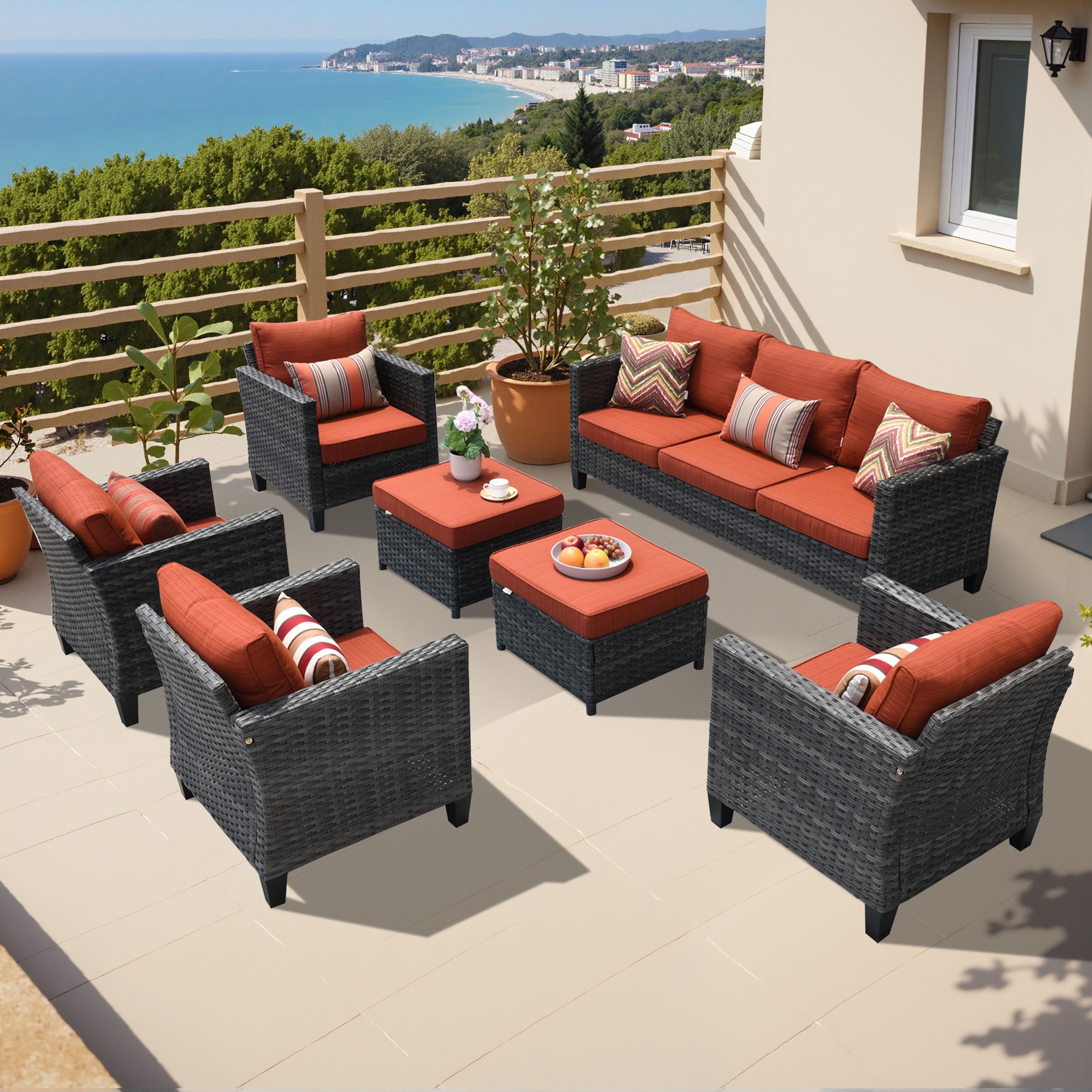 Ovios GRS008-7 7 -Piece Rattan Patio Sofa Conversation Set with Orange Cushions