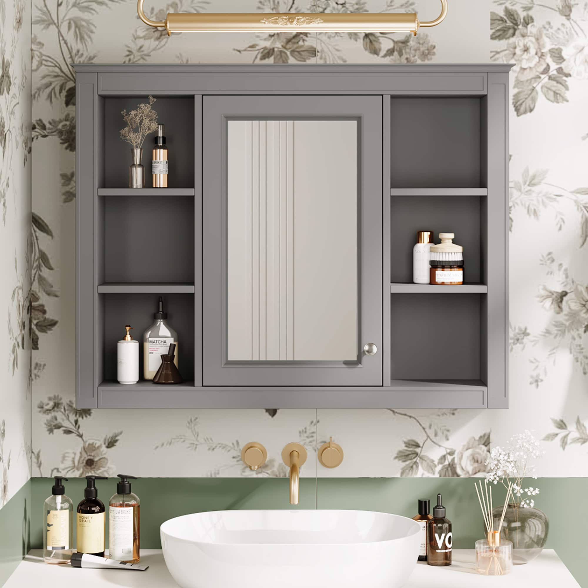 WELLFOR 35 in. W x 27.5 in. H MDF Rectangular Wall Medicine Cabinet with Mirror in Blue