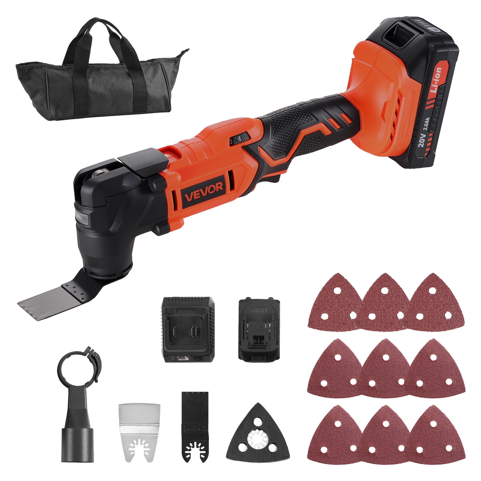 VEVOR Cordless Oscillating Tool  20V Oscillating Multi Tool Kit with 6 Variable Speeds 8500 - 17000 OPM  3.2degrees Oscillation Angle  2.0Ah Battery Pack and Charger  12PCS Saw Accessories and LED Work Light