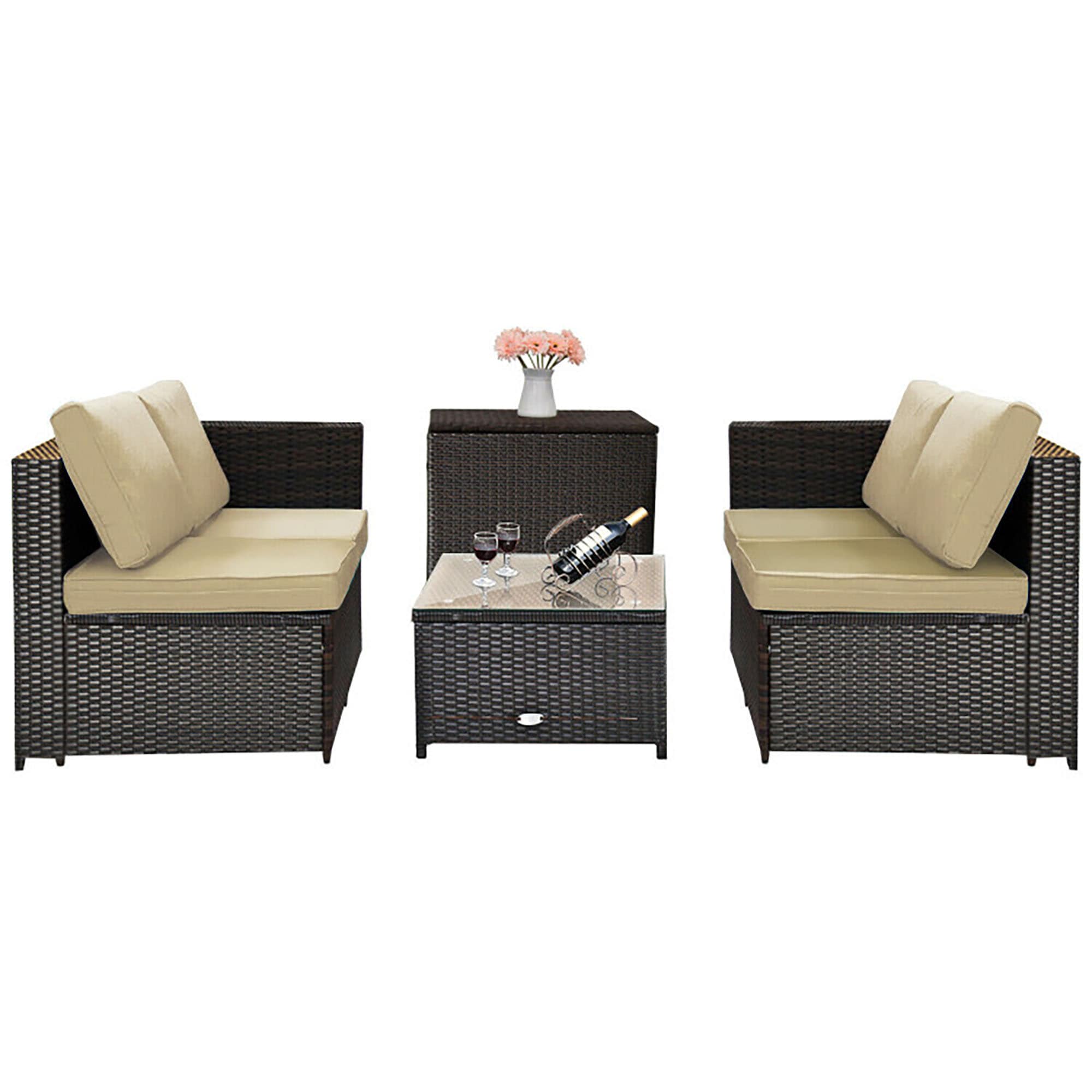 Brown 4-Piece Rattan Wicker Outdoor Patio Set with Cushions