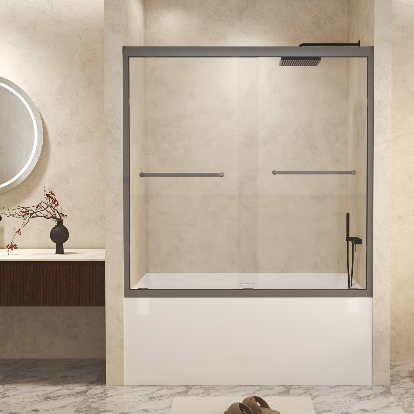 Lordear HMS-LD-6A22-1-608CH Bathroom Shower Bathtub Door Gun Ash 60-in W x 60-in H Semi-frameless Bypass Sliding Soft Close Bathtub door