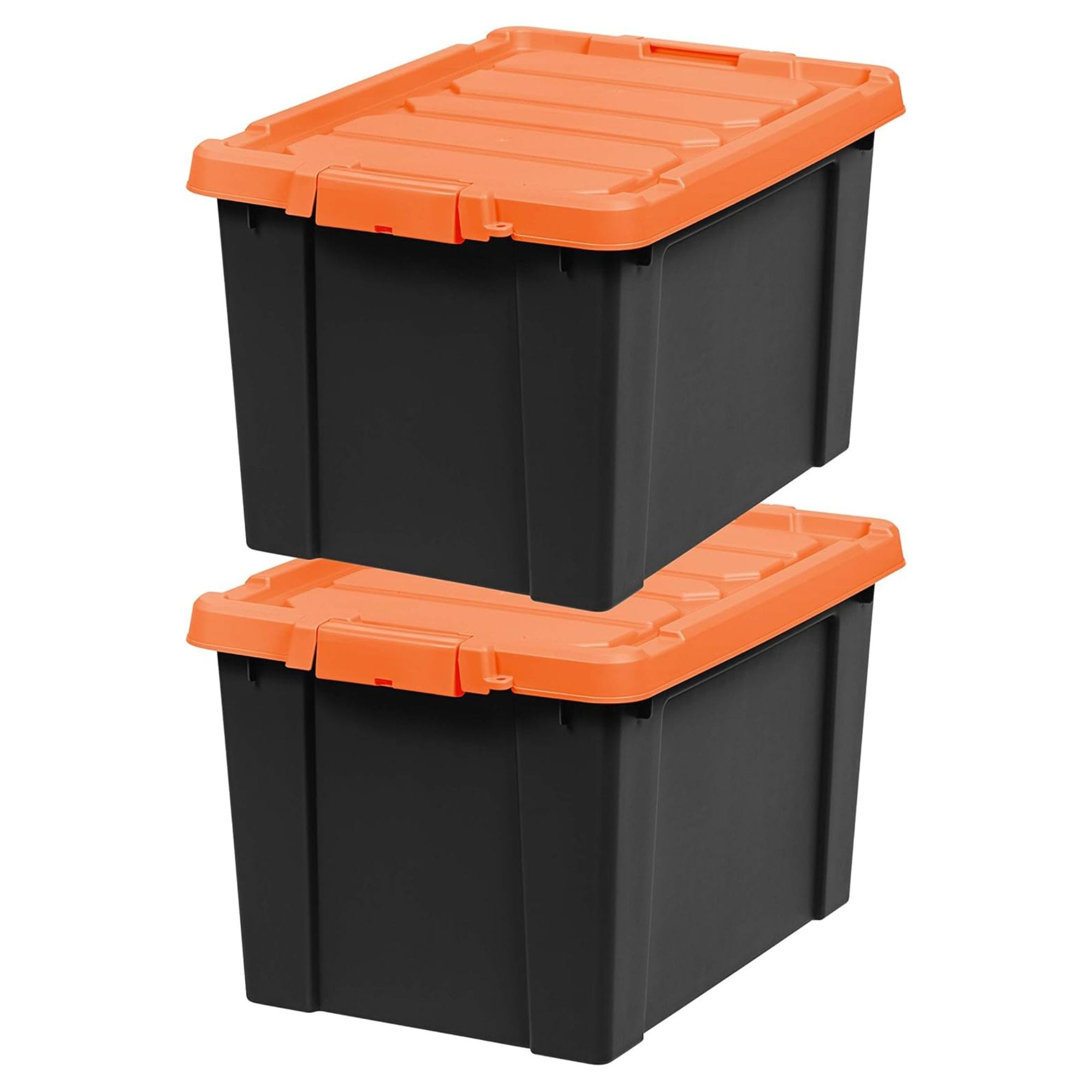IRIS USA 586542 2 Pack  20 Gal Lockable Storage Bins Stackable Containers  Black/Orange