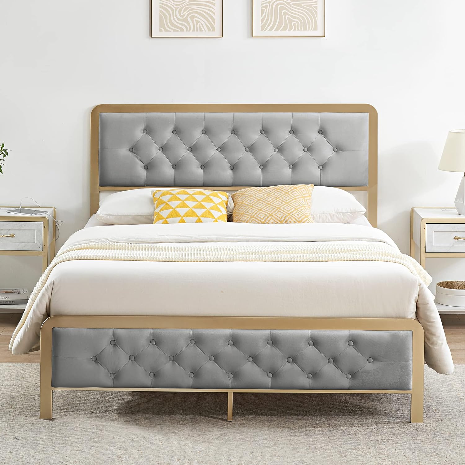 Qeetex LHF-BED-PHO-0WRA2H9E Full Size Bed Frame Velvet Upholstered Platform Bed with Button Tufted Headboard Heavy Duty Metal Mattress Foundation and Metal Slats No Box Spring Rquired Grey