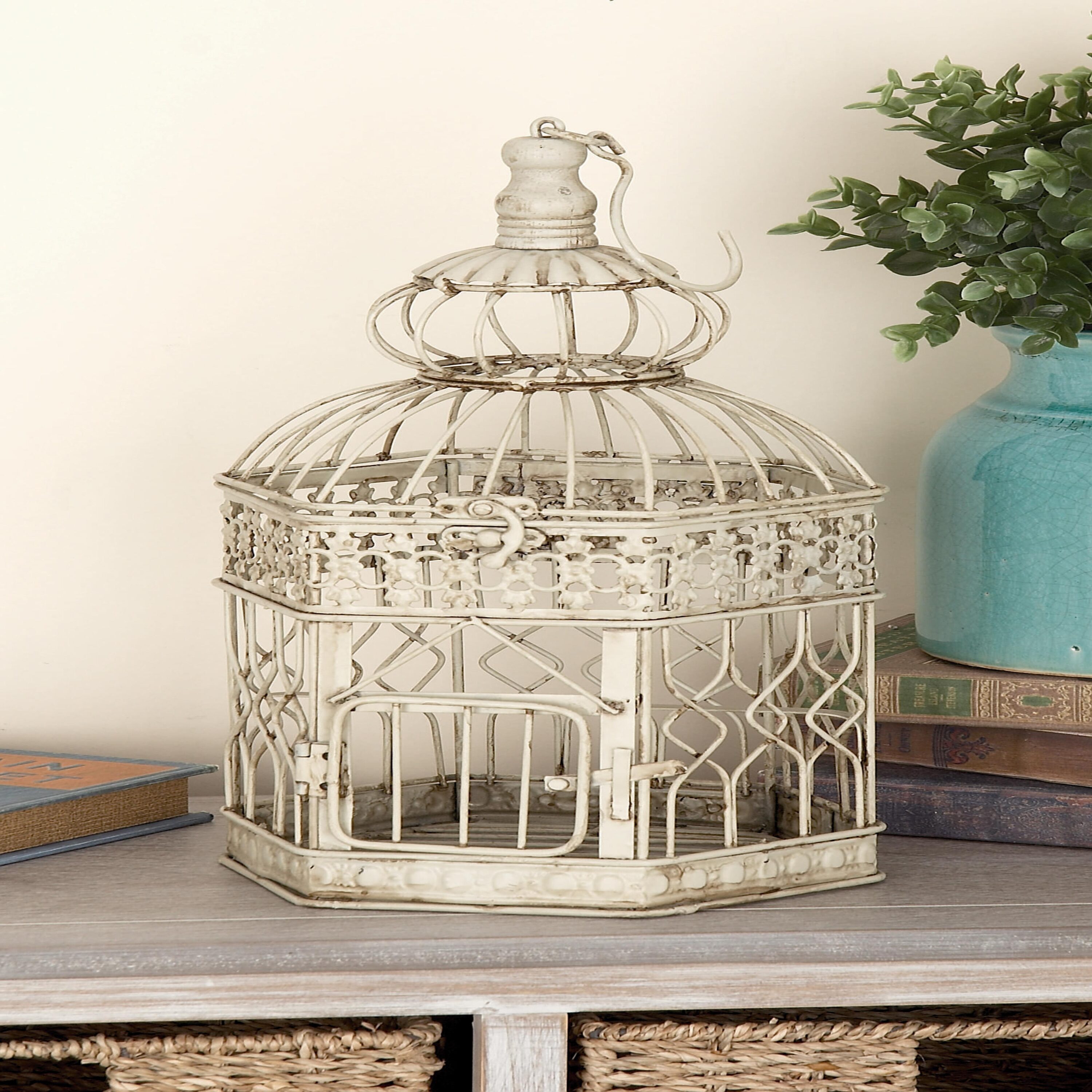 Cream Metal Birdcage Set with Floral Embossed Design, 21" and 18"