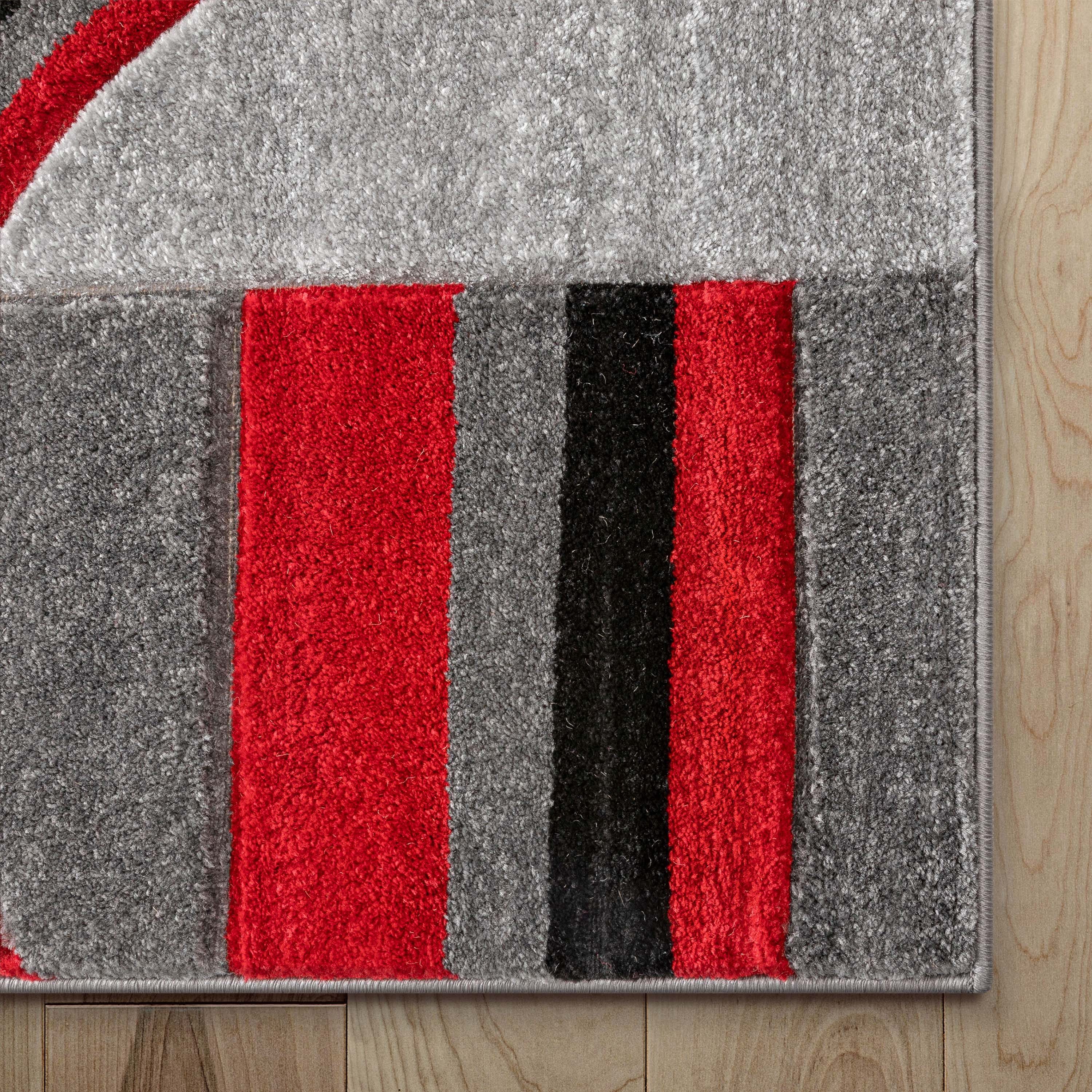 Large Gray and Red Synthetic Geometric Area Rug
