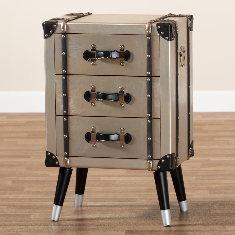 Vintage Industrial Antique Silver 3-Drawer Nightstand with Rivet Details