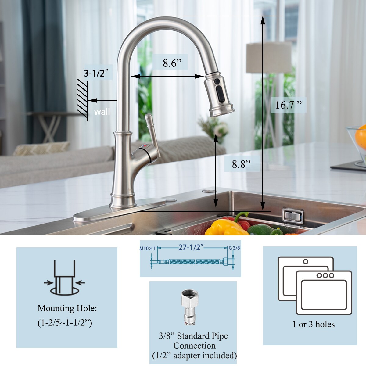 APPASO Brushed Nickel Single Handle Kitchen Faucet With Sprayer (Deck ...