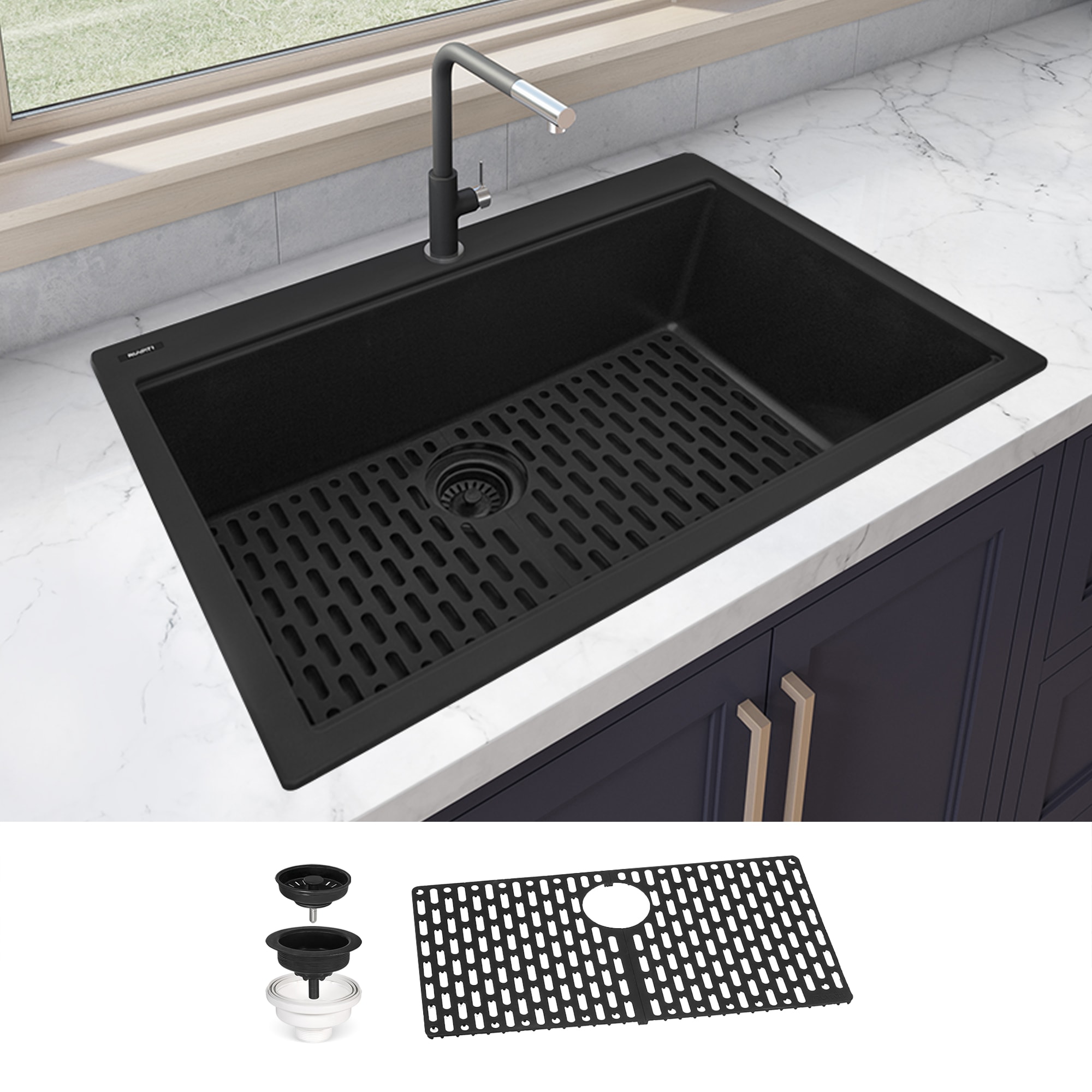 Ruvati RVG1080BK epiGranite Drop-in 33-in x 22-in Granite Single bowl 1-Hole Kitchen Sink