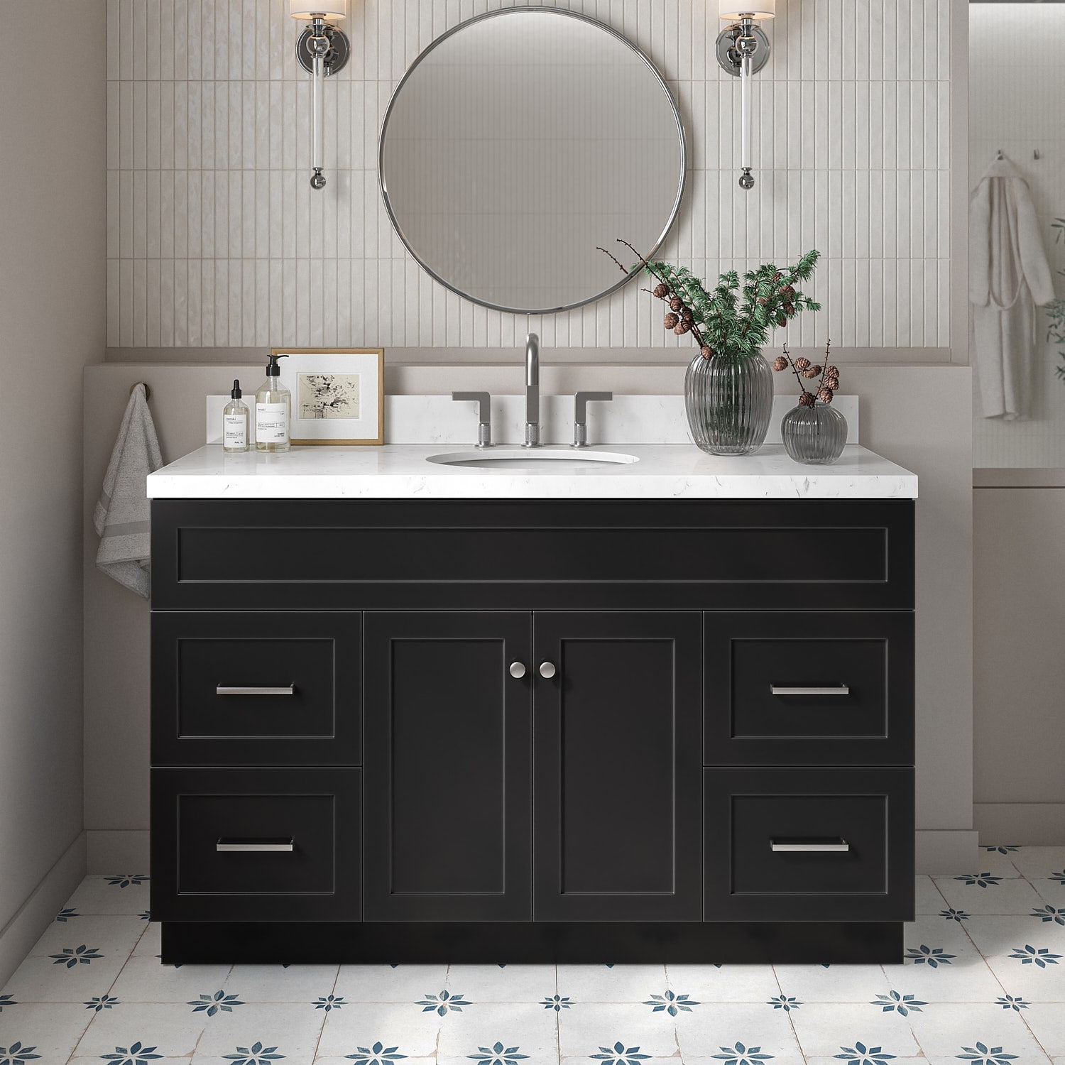 ARIEL F054SCQOVOBLK Hamlet 54-in Black Undermount Single Sink Bathroom Vanity with Carrara White Quartz Quartz Top