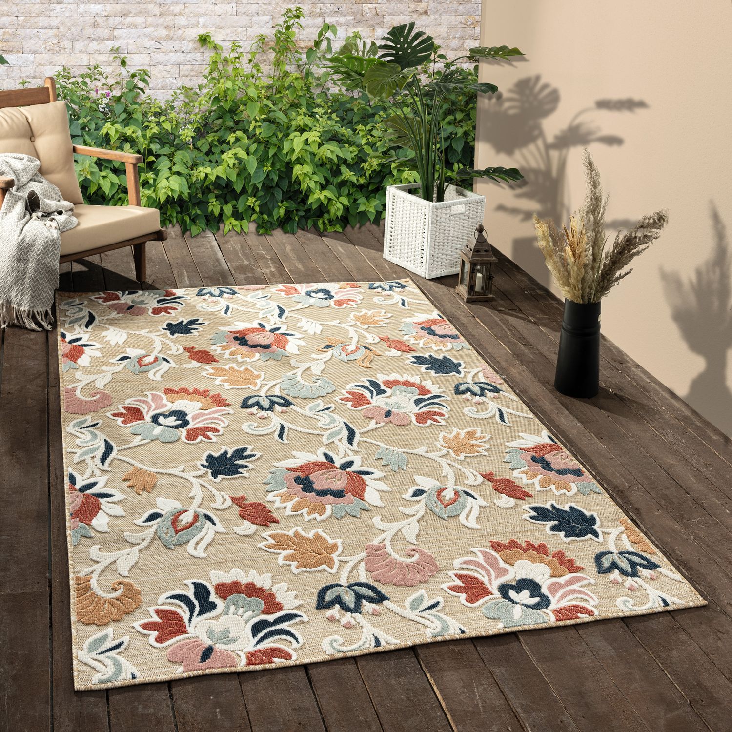 Reversible Blue Floral Filigree 5' x 7' Easy Care Rug
