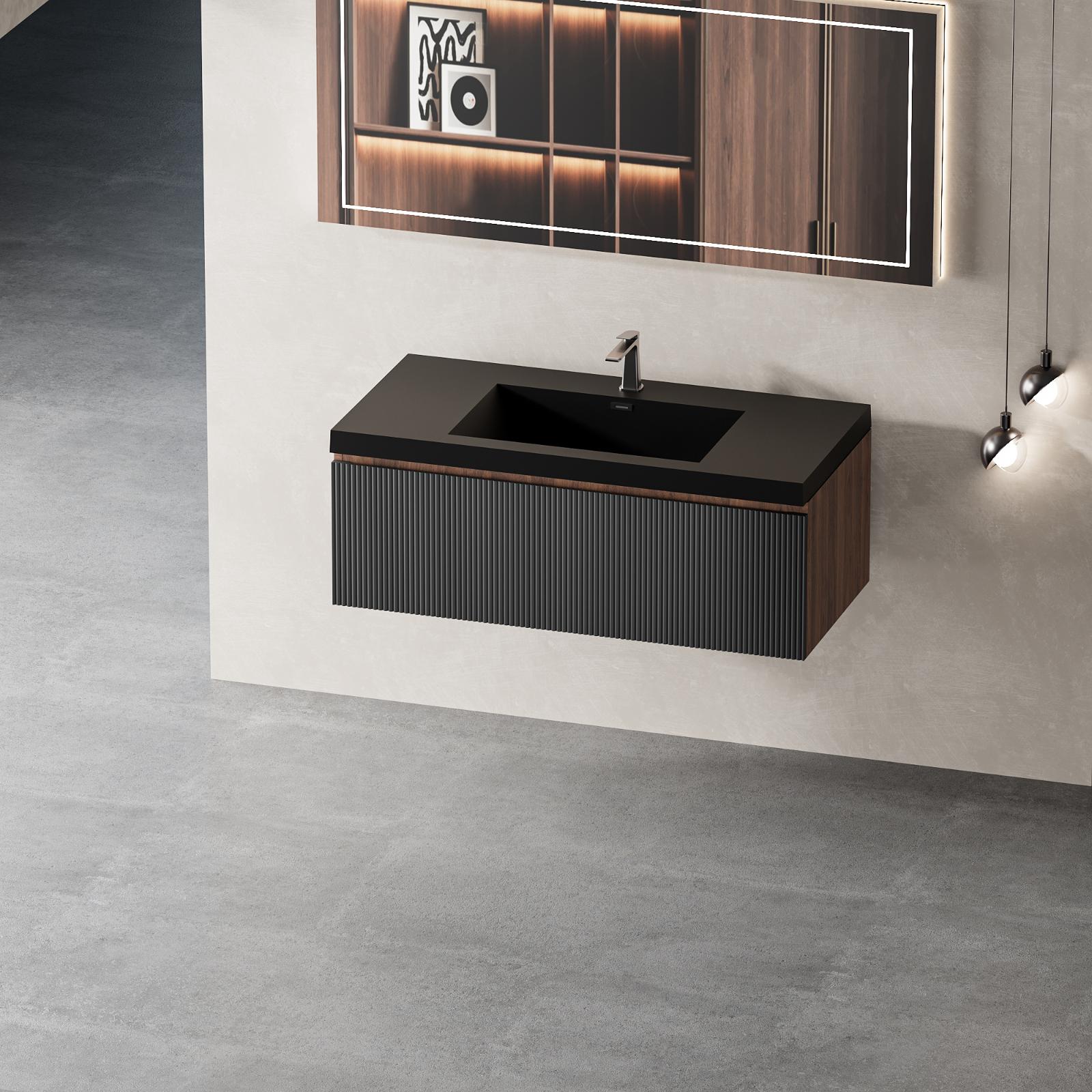 BWE F-VN04-F36WAB 36-in Walnut+black Single Sink Floating Bathroom Vanity with Matt black Quartz Top