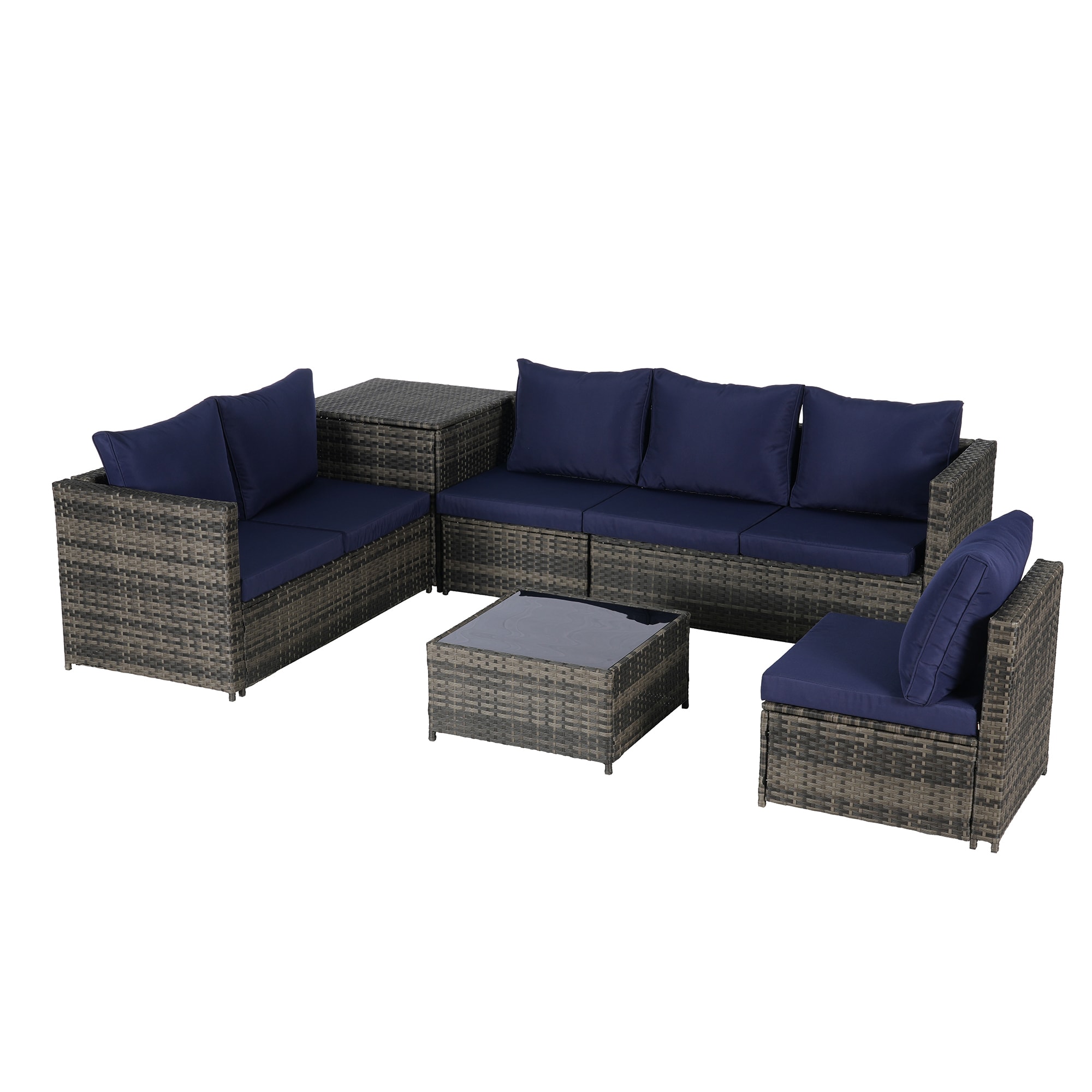 SINOFURN SYB670033NV Wicker Outdoor Sectional with Blue Cushions and Wicker Frame