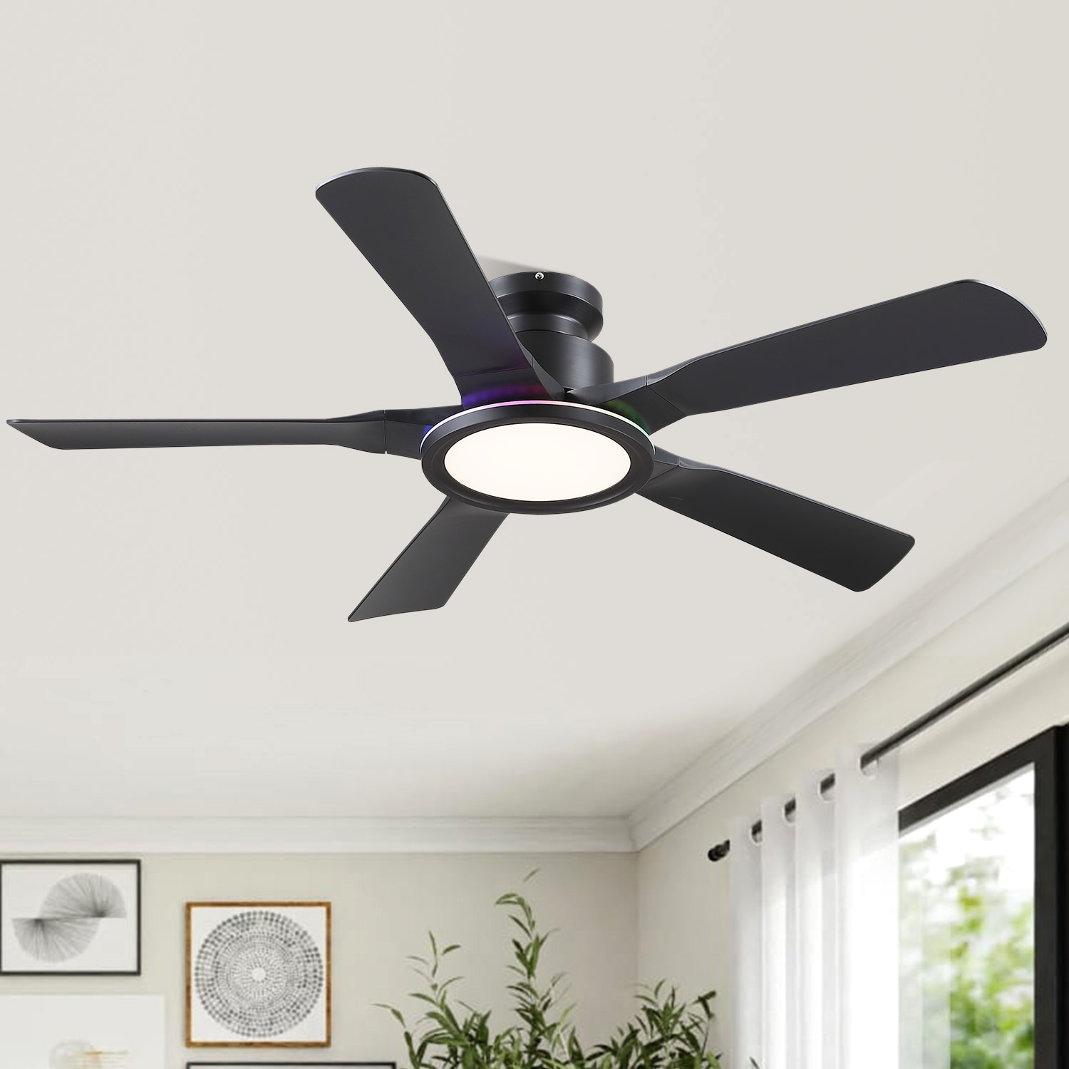 Gleam Flare 52 Inches RGB Flush Mount Ceiling Fan with Light Reversible DC Motor for Bedroom Living Room Patio