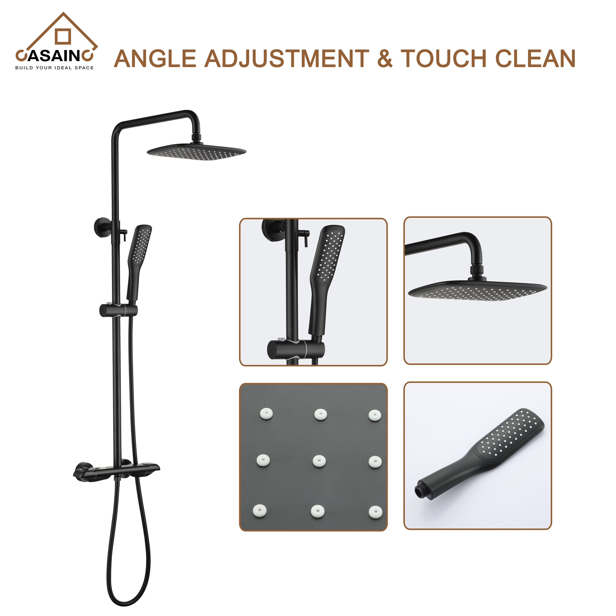 CASAINC Matte Black Dual Head Waterfall Shower Bar System With 2-way ...