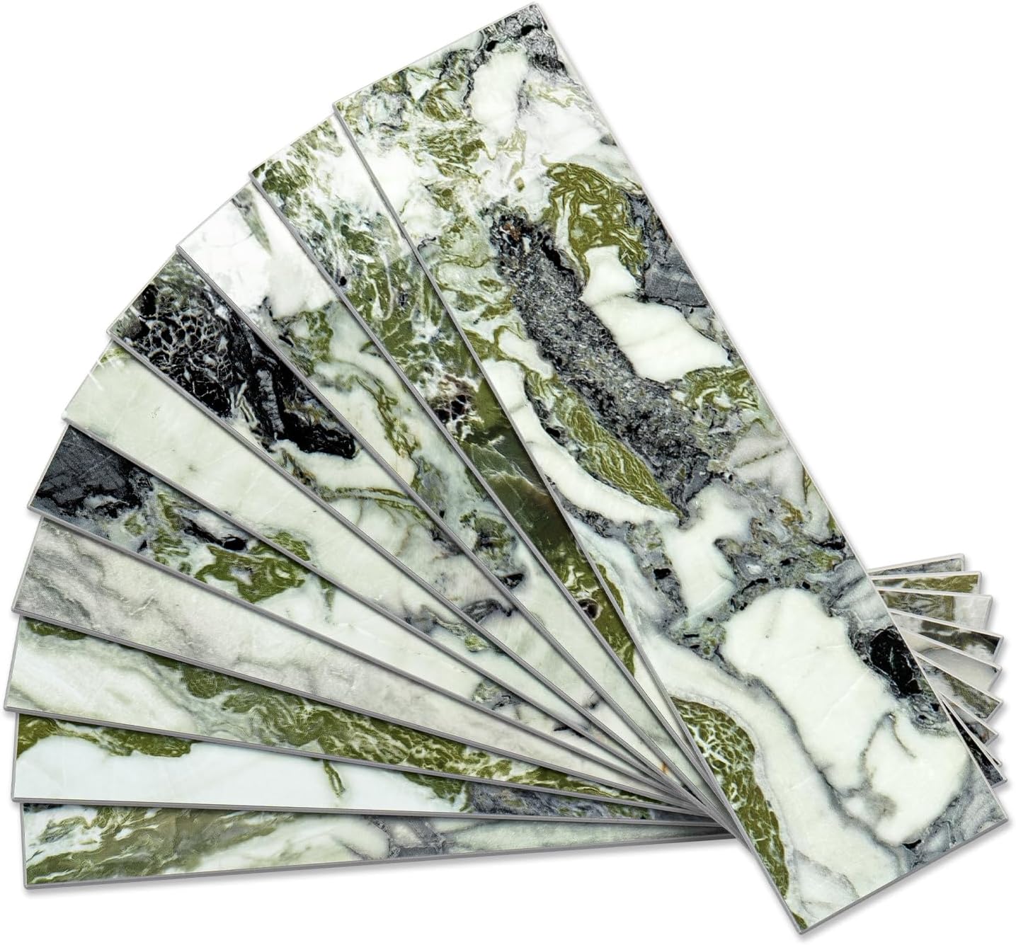 Vamos Tile  40 Piece Glossy Ice Green Marble Peel and Stick Backsplash Wall Tiles with White Grout 3 Inch x 12 Inch PVC Faux Stone Backsplash Tiles for Kitchen Bathroom Laundry Room Camper Fireplace